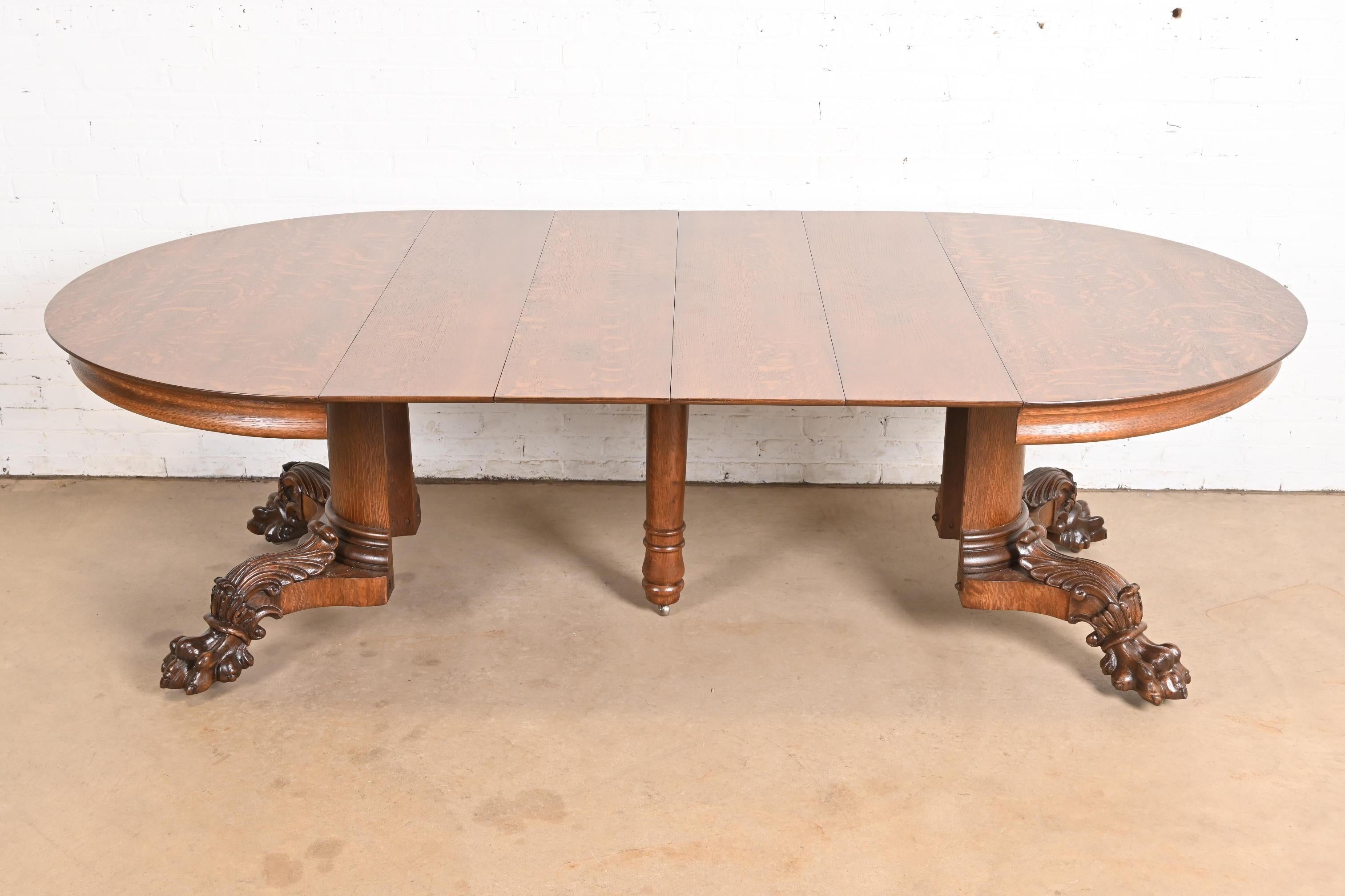 George C. Flint Co. Antique Victorian Oak Split Pedestal Extension Dining Table For Sale 3