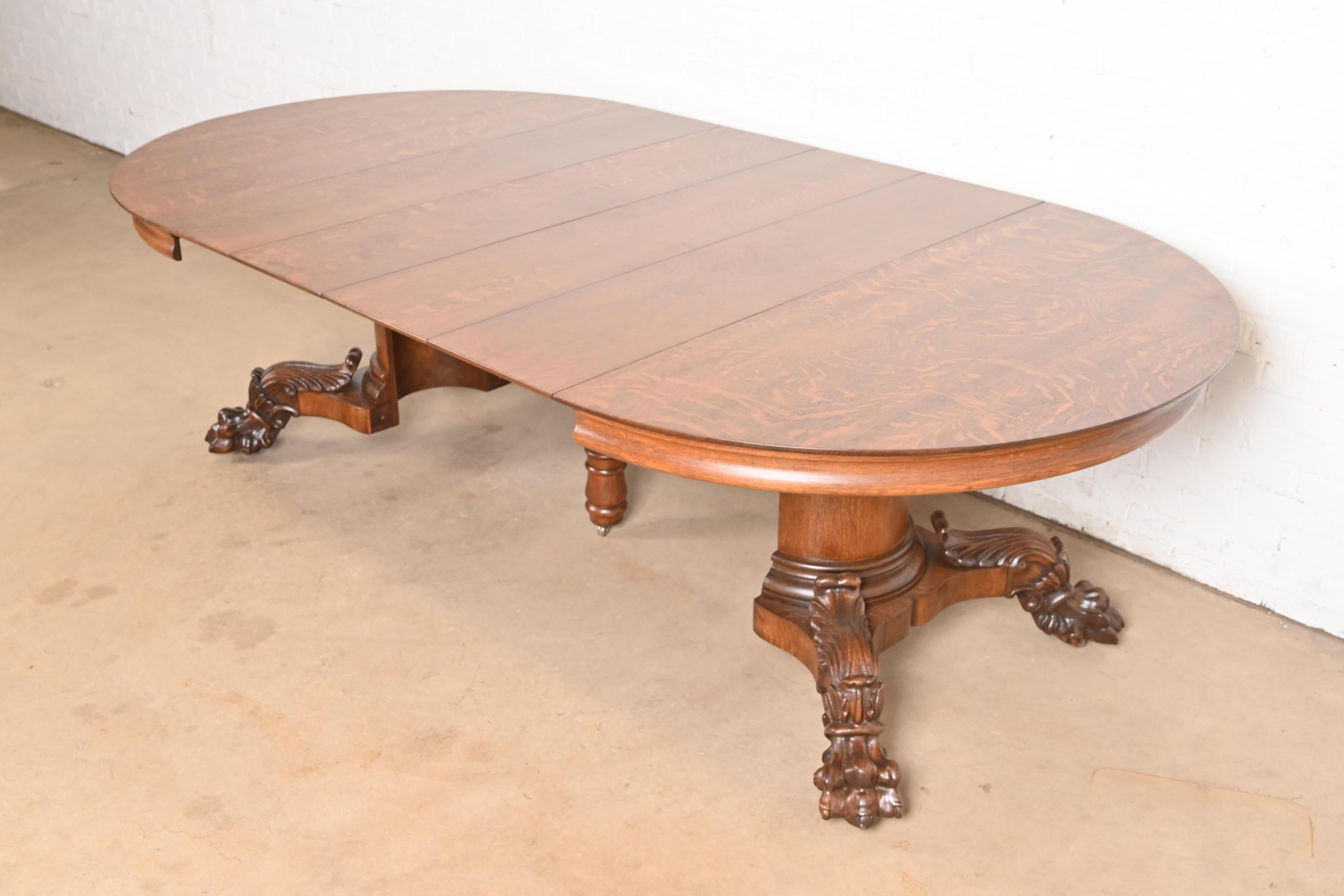 George C. Flint Co. Antique Victorian Oak Split Pedestal Extension Dining Table For Sale 4