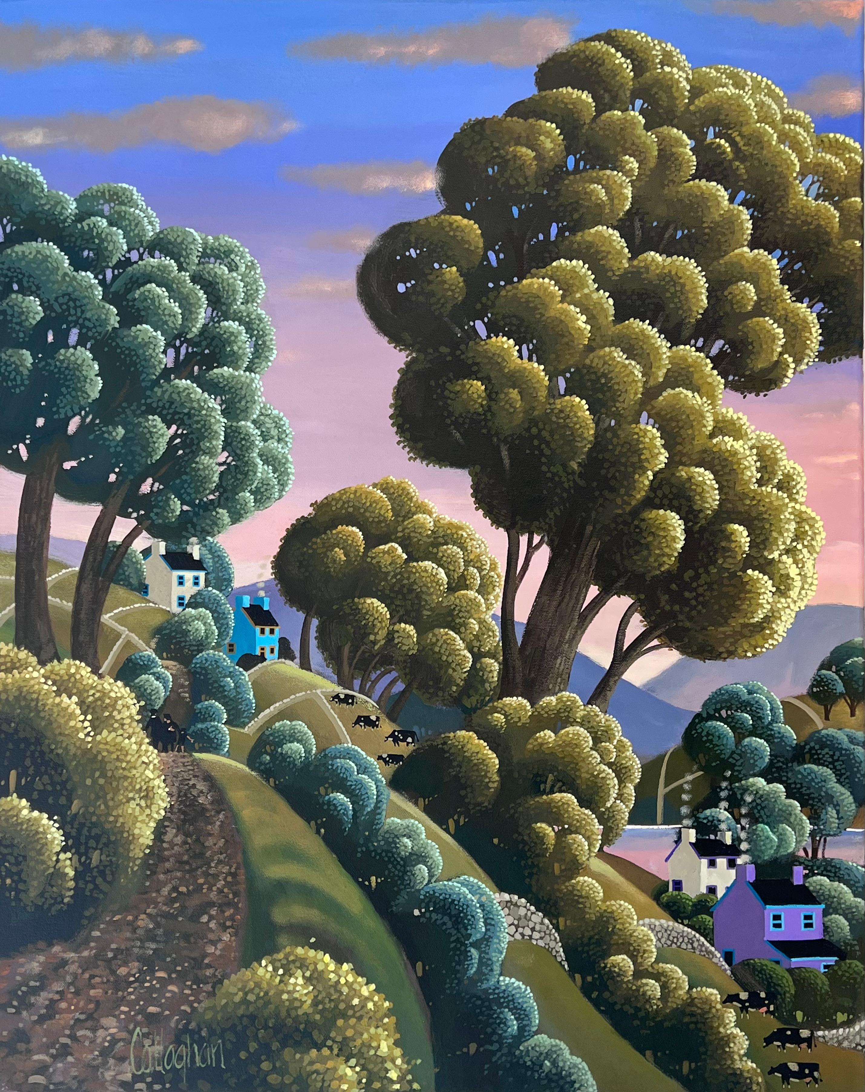  "Down to the Lake" by George Callaghan transports viewers to a serene countryside scene, where the boundary between reality and dreamscape blurs in a mesmerizing display of surrealism. In this enchanting painting, the focal points of the scene draw