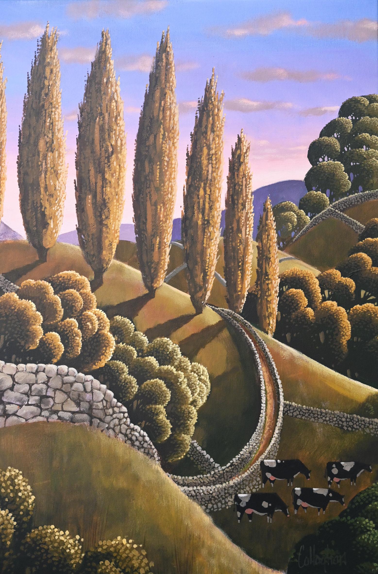 Passed the Poplars - original surrealism landscape painting - contemporary Art