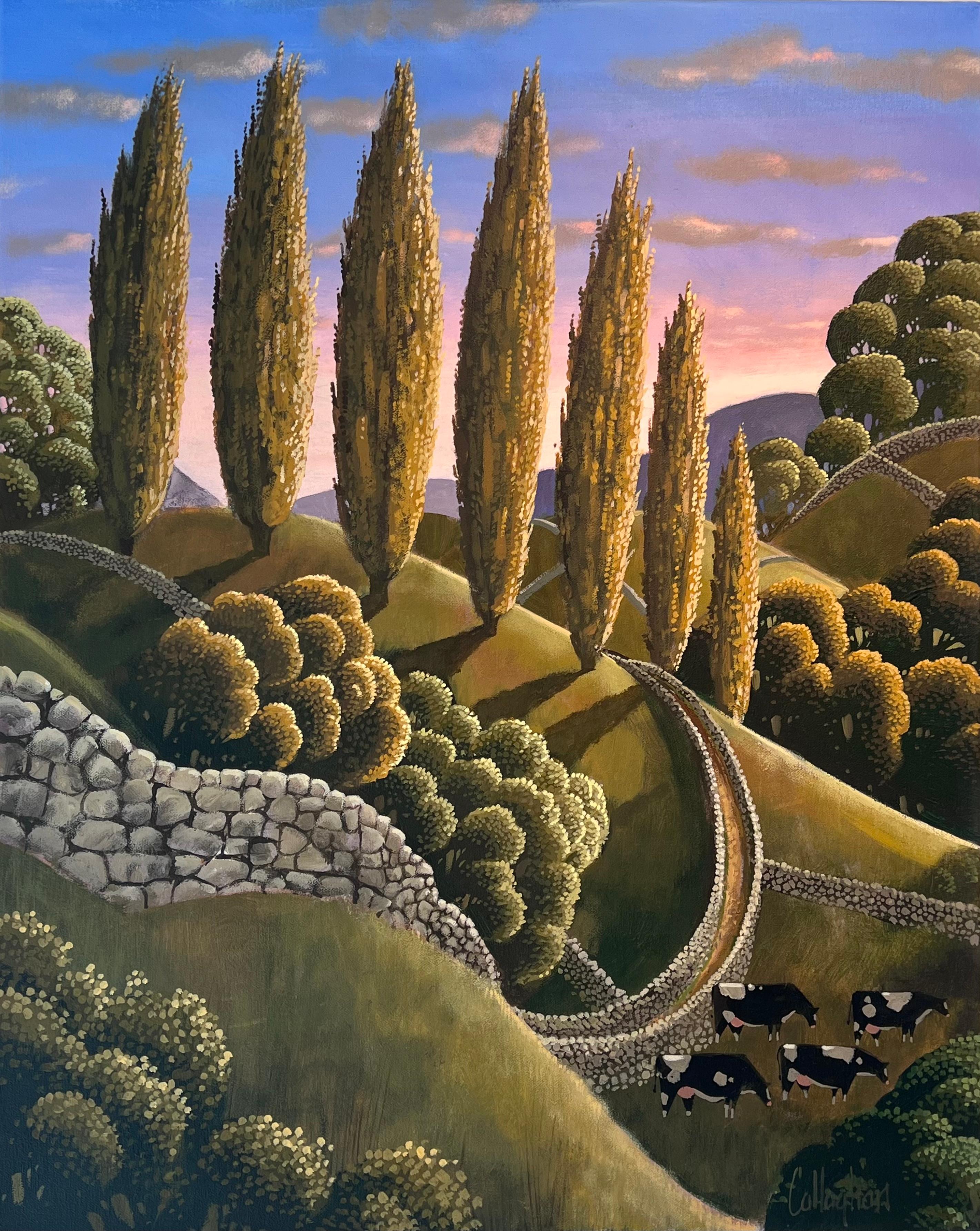 Title: "Passed the Poplars" by George Callaghan invites viewers into a serene and enchanting landscape, where earthy tones juxtapose harmoniously with the vibrant yet calm hues of a sunset sky. In this captivating painting, the scene draws the