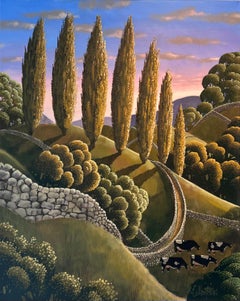 Passé les peupliers - peinture originale de paysage surréaliste - Art contemporain