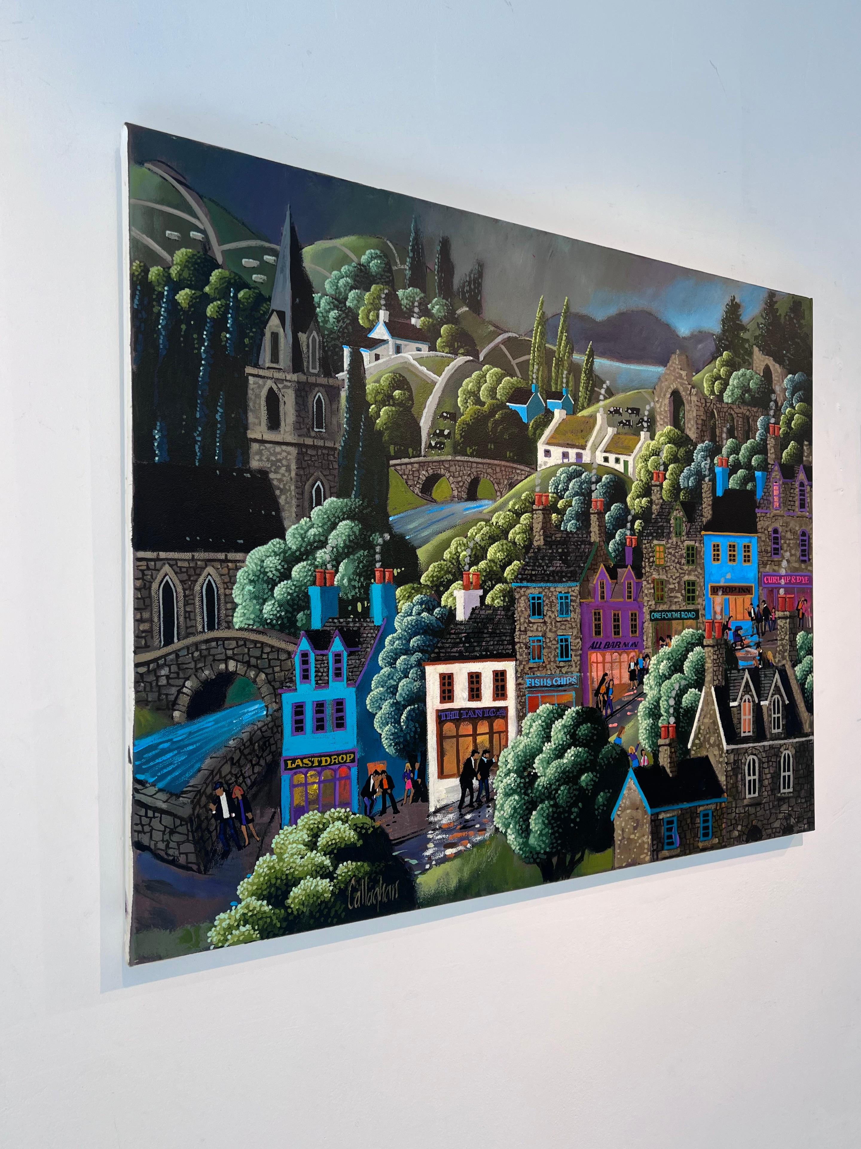 The High St - original surrealism landscape cityscape painting- contemporary Art - Surrealist Painting by George Callaghan
