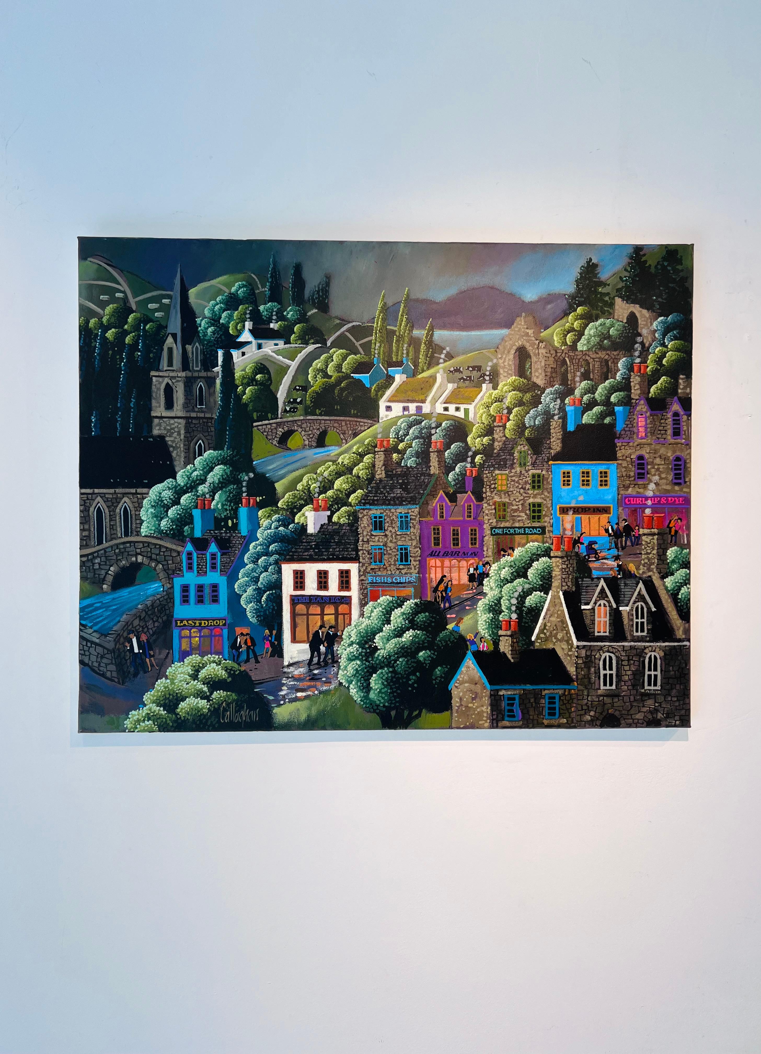 The High St - original surrealistische Landschaftsmalerei - zeitgenössische Kunst - Stadtbild im Angebot 1