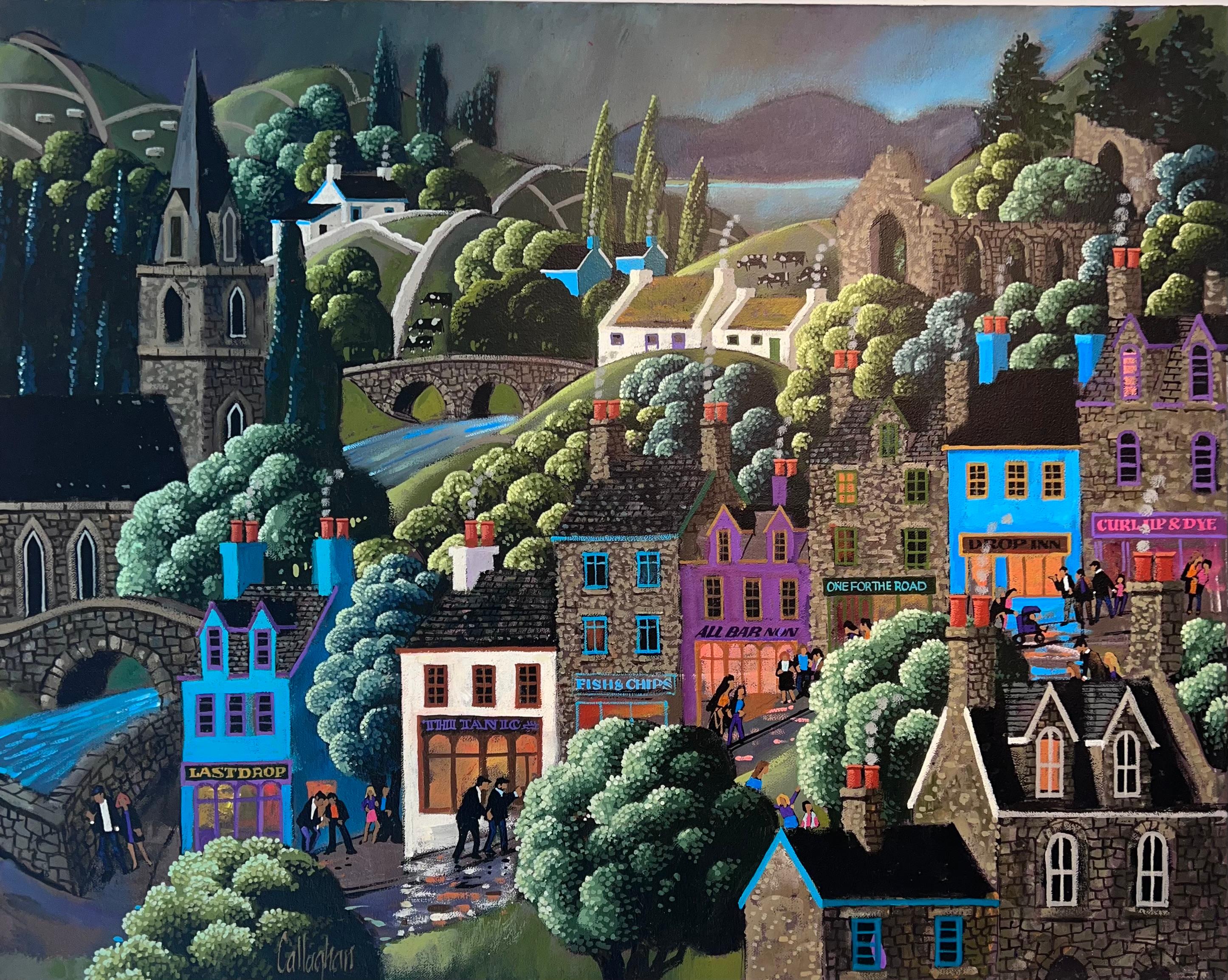 George Callaghan Landscape Painting - The High St - original surrealism landscape cityscape painting- contemporary Art