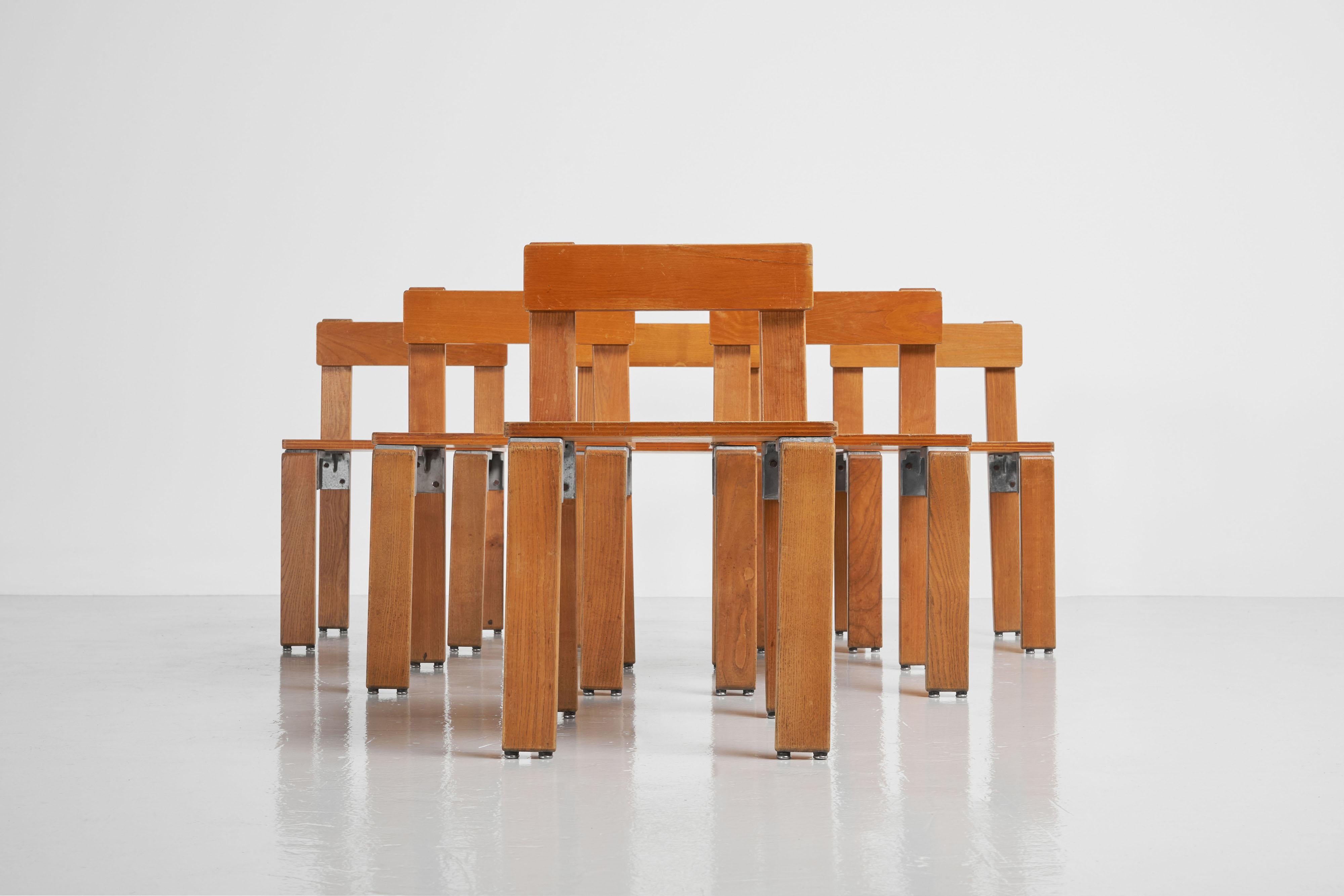 A rare set of 6 industrial designed chairs by architect Georges Candilis (1913-1995) and manufactured by Sentou, France 1968. These chairs were part of a design by Candilis for the residence “Les Carrats” in Port Leucatein France. The Carrats