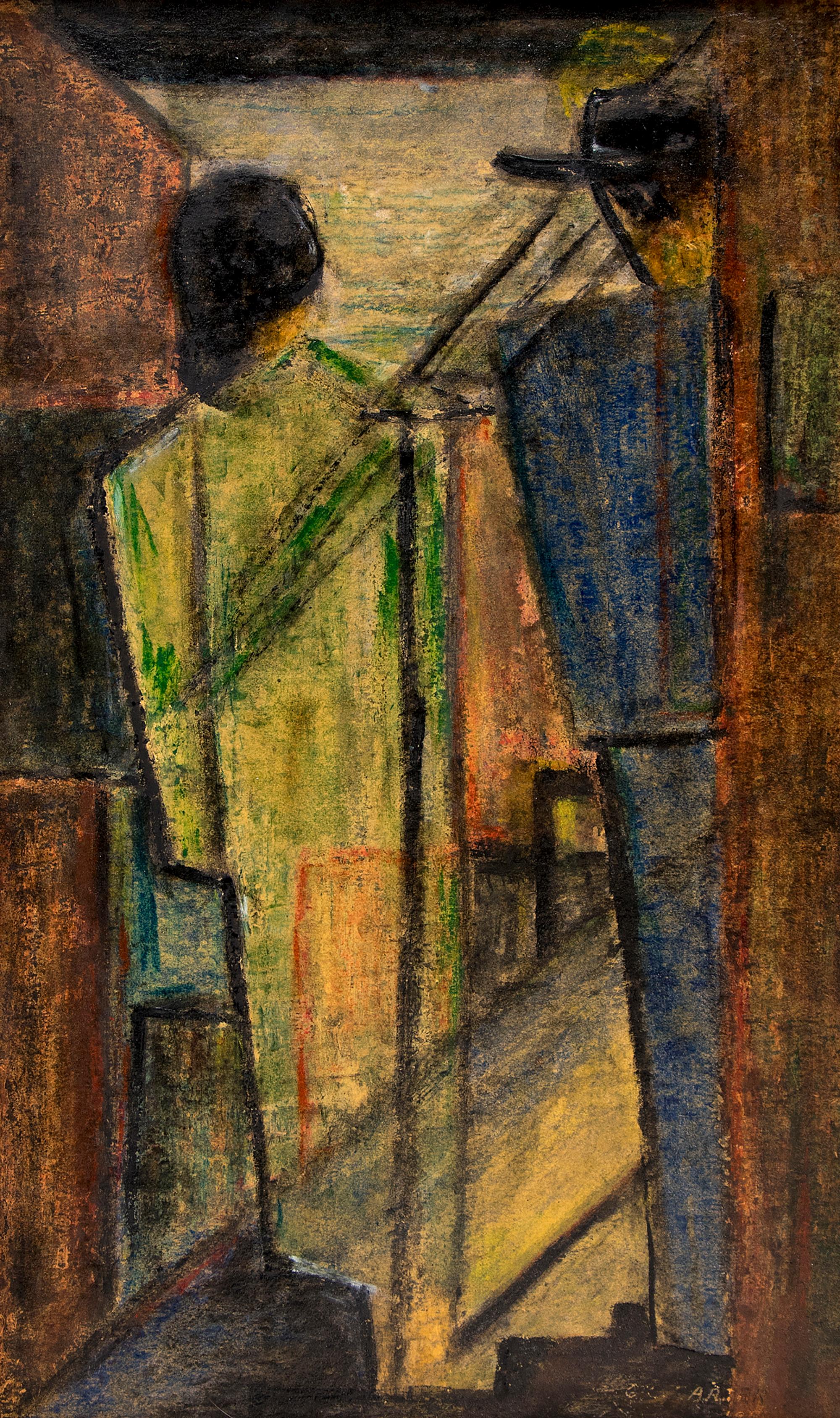 Peinture à l'huile abstraite figurative des années 1970 - Scène de ville moderniste avec couple