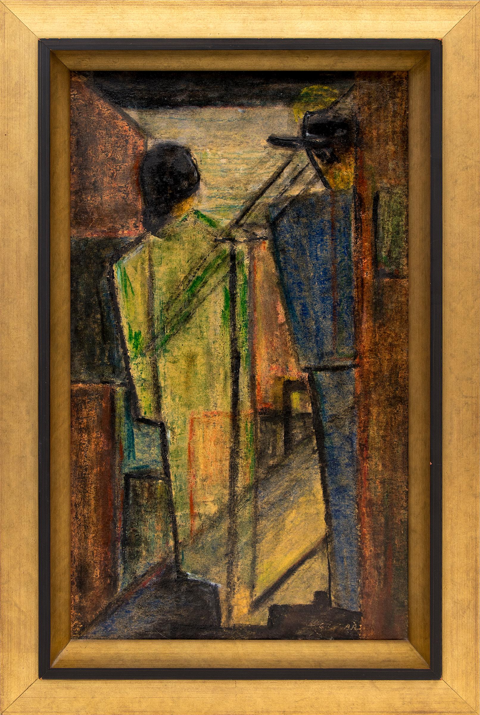 Pittura a olio figurativa astratta degli anni '70 - Scena di città modernista con coppia