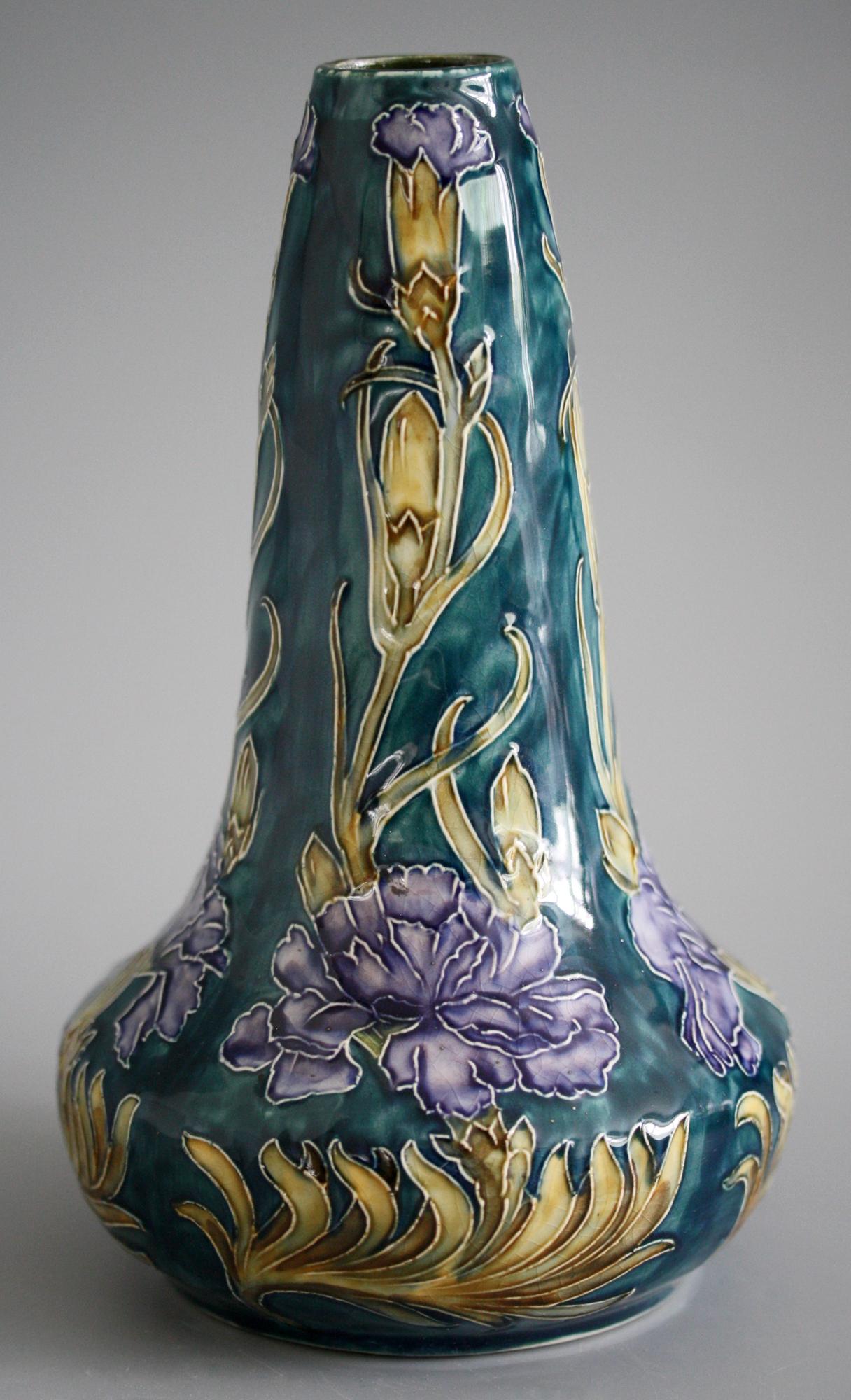 George Cartlidge Hancock Morris Ware Art Deco Hand Painted Vase with Carnations For Sale 1