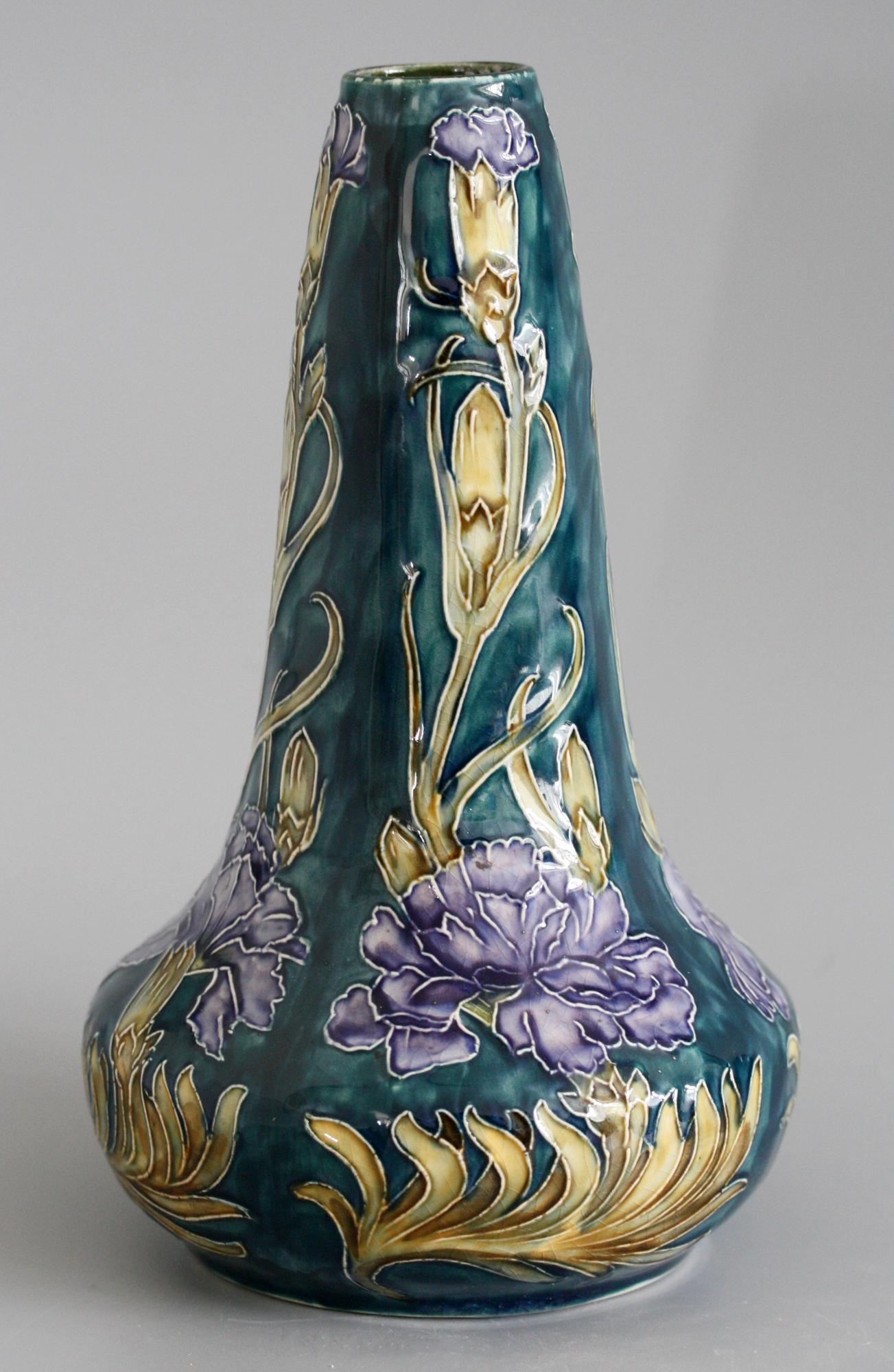 George Cartlidge Hancock Morris Ware Art Deco Hand Painted Vase with Carnations For Sale 2