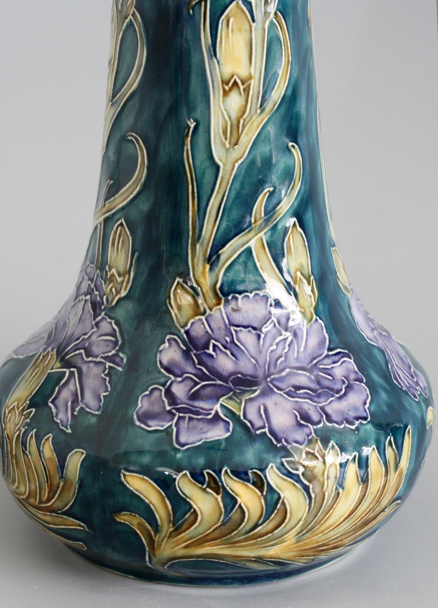 George Cartlidge Hancock Morris Ware Art Deco Hand Painted Vase with Carnations For Sale 3