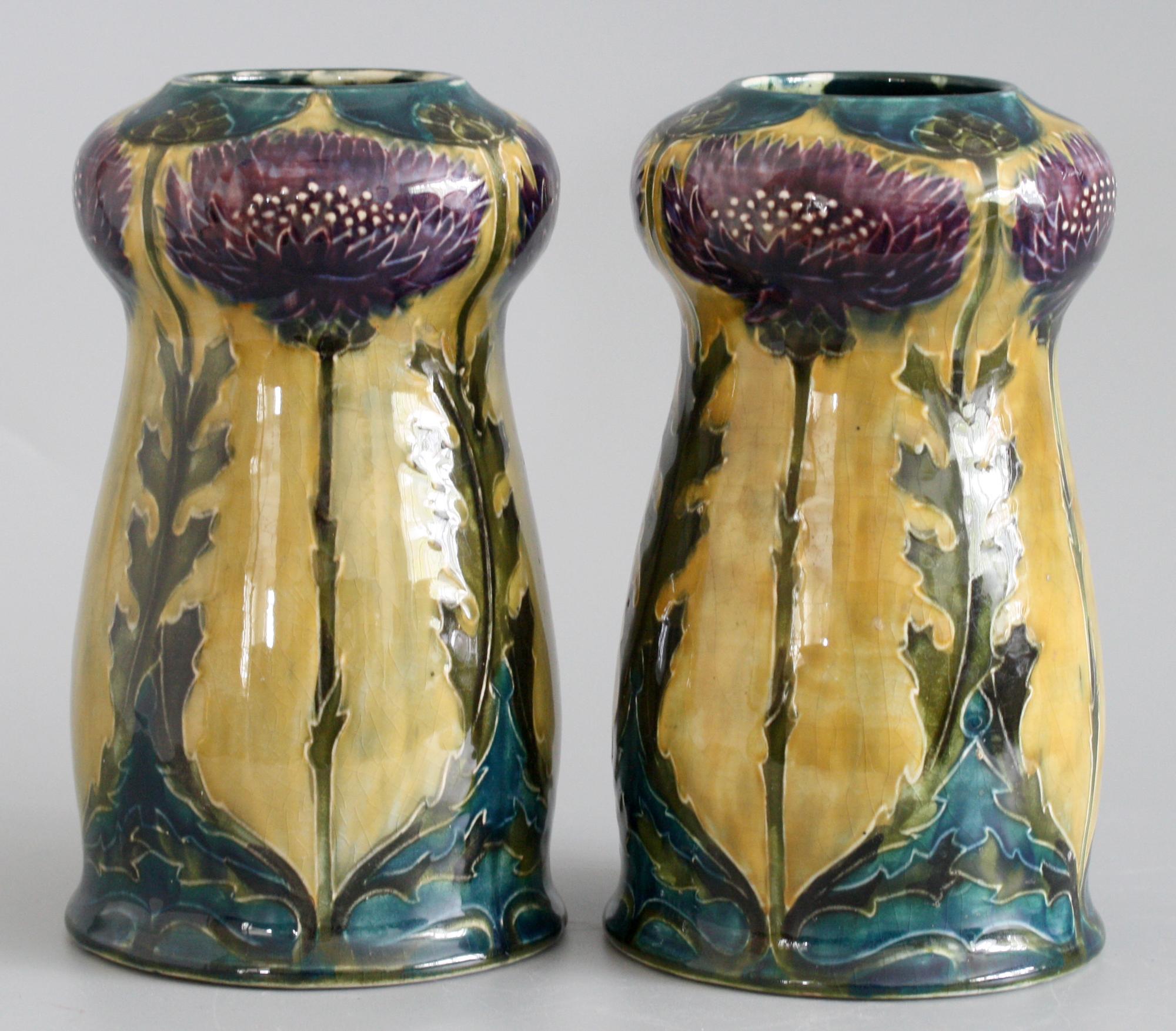 George Cartlidge Pair Hancock Morris Ware Art Deco Pottery Vases with Thistles 2