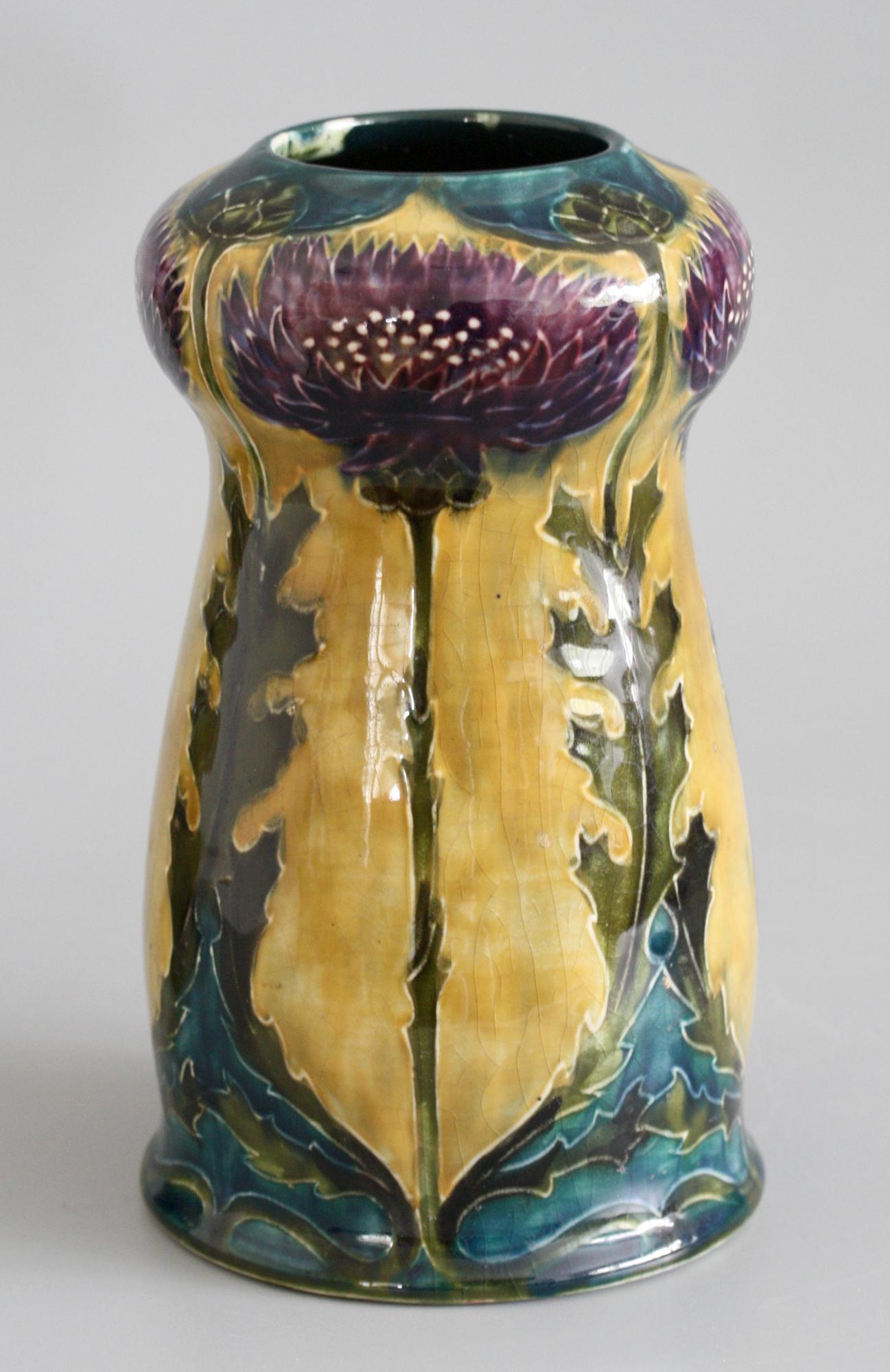 George Cartlidge Pair Hancock Morris Ware Art Deco Pottery Vases with Thistles 3