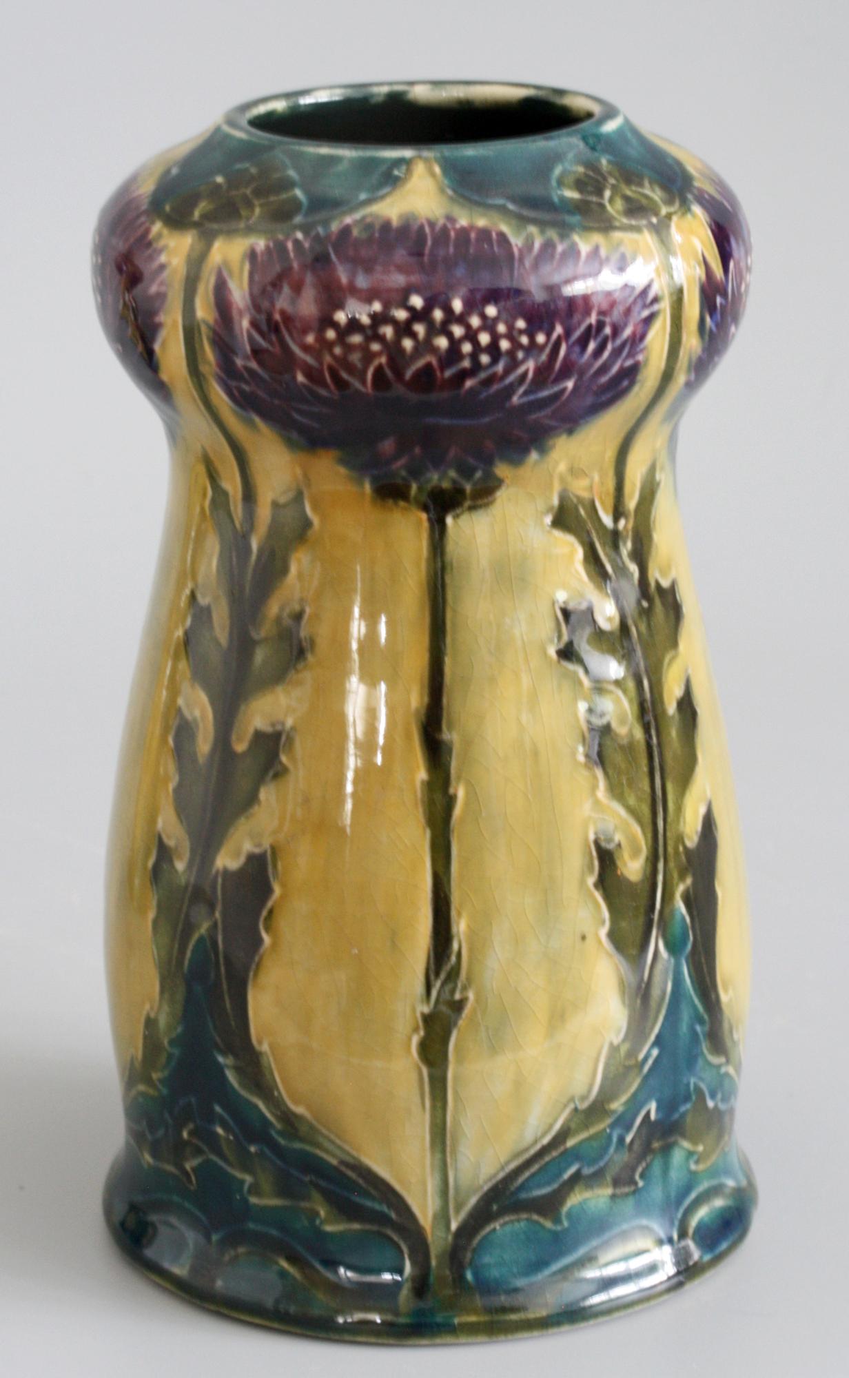 George Cartlidge Pair Hancock Morris Ware Art Deco Pottery Vases with Thistles 5