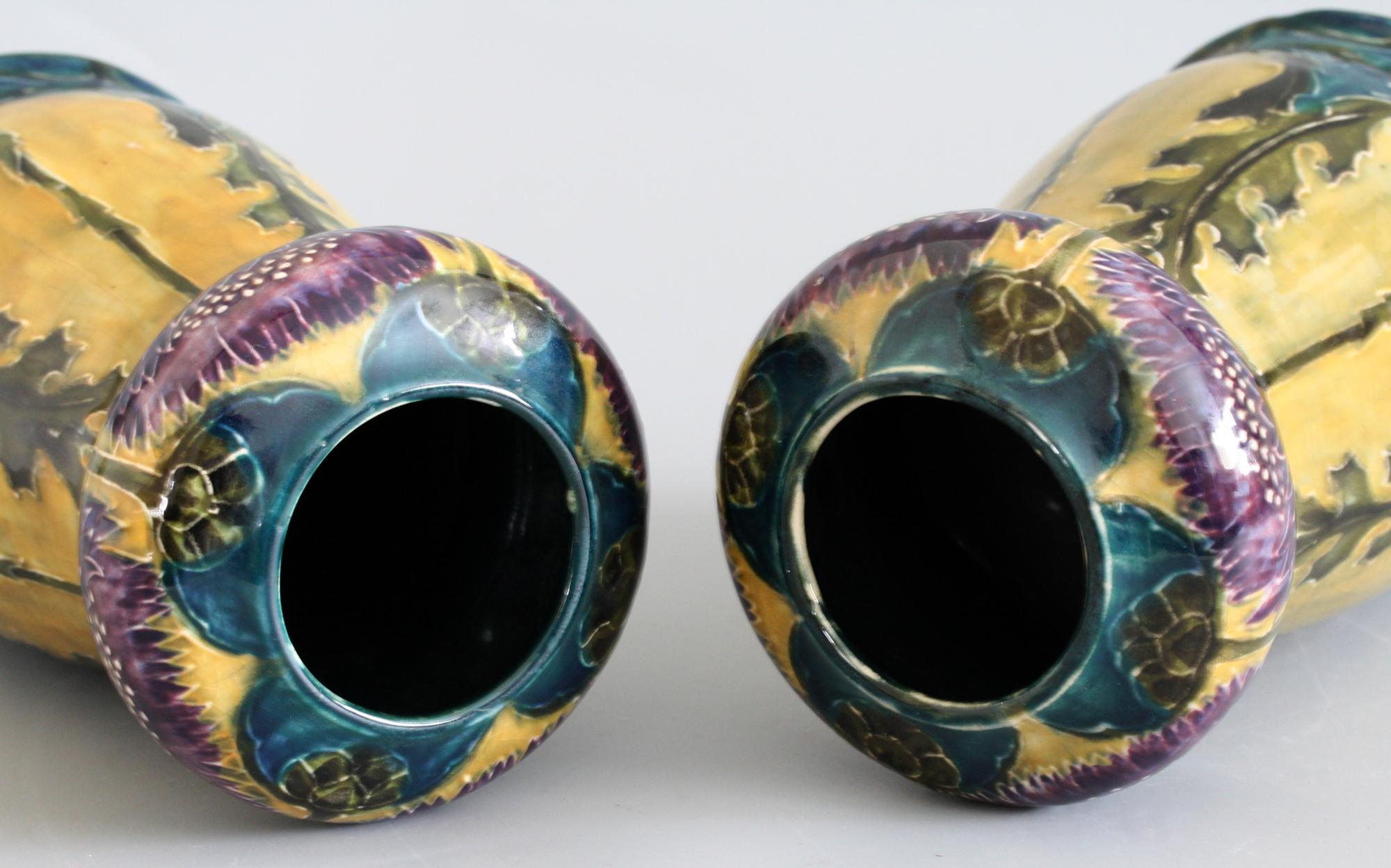 George Cartlidge Pair Hancock Morris Ware Art Deco Pottery Vases with Thistles 6