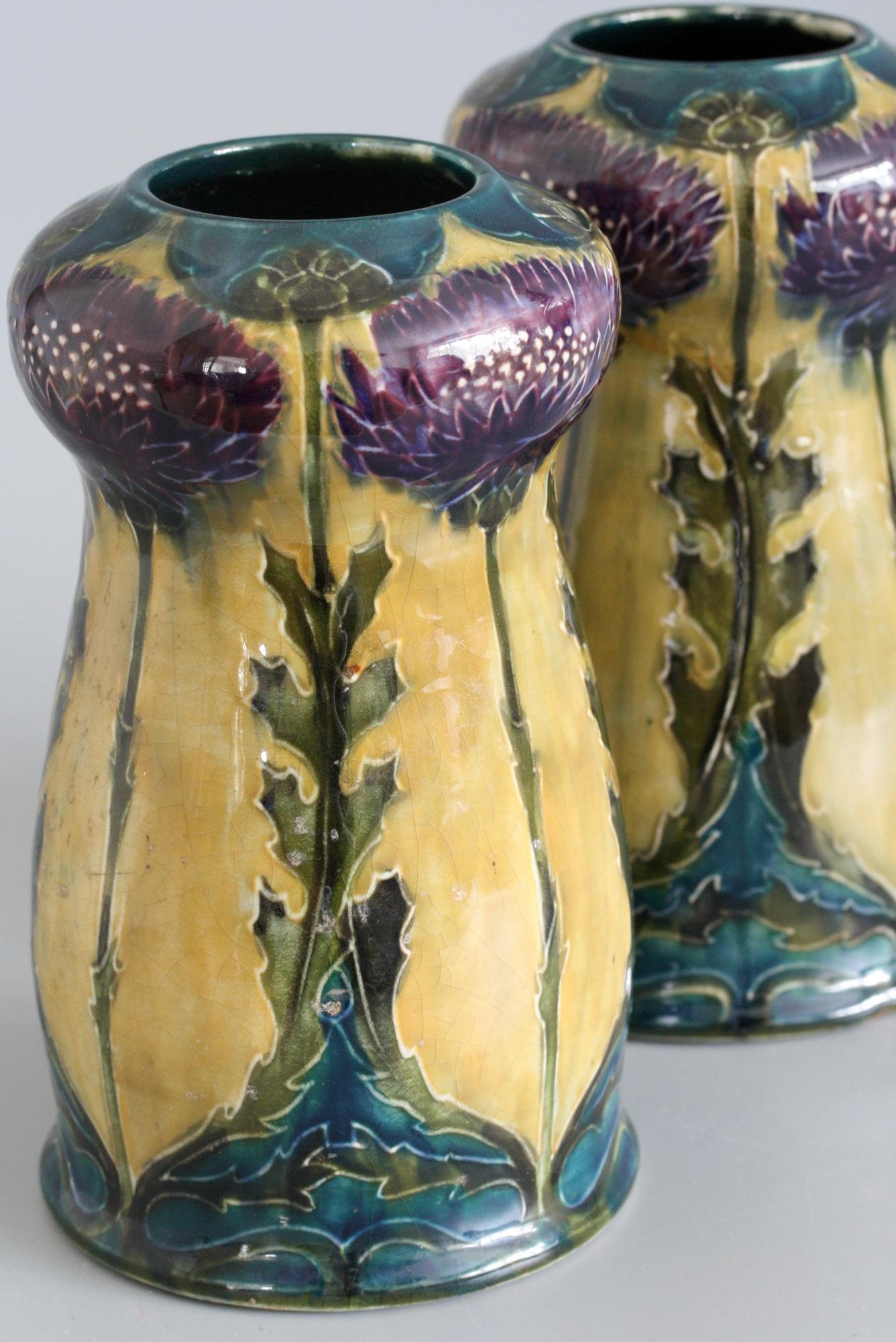 Hand-Painted George Cartlidge Pair Hancock Morris Ware Art Deco Pottery Vases with Thistles