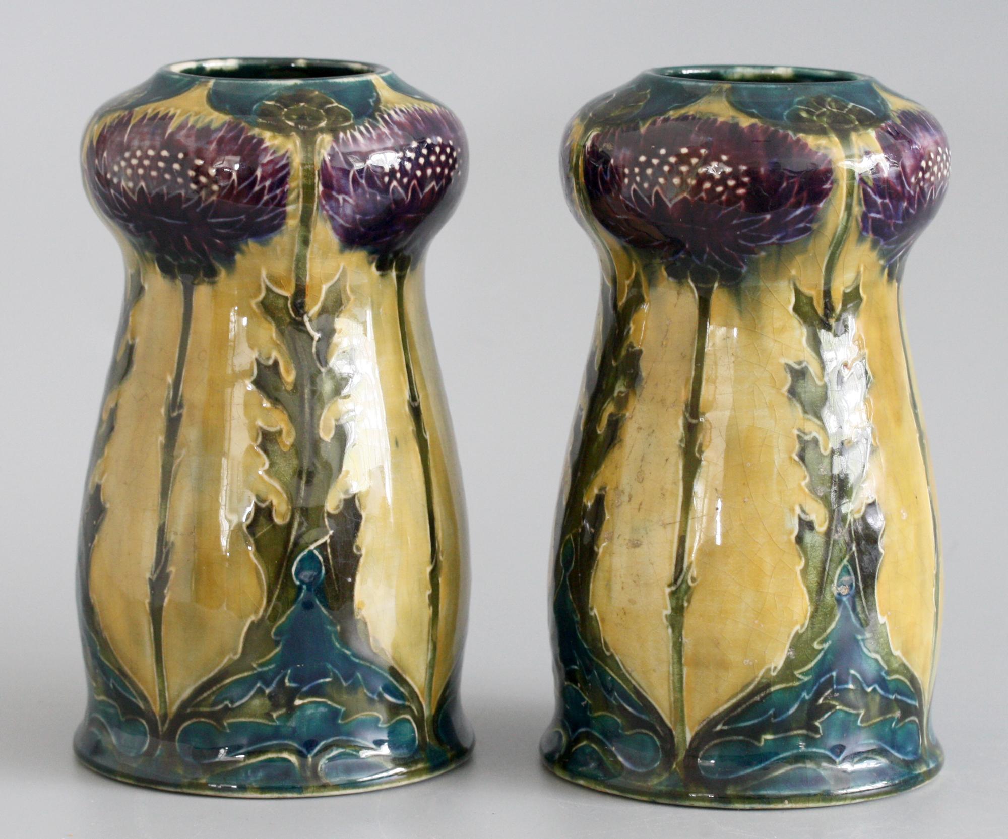 George Cartlidge Pair Hancock Morris Ware Art Deco Pottery Vases with Thistles In Good Condition In Bishop's Stortford, Hertfordshire
