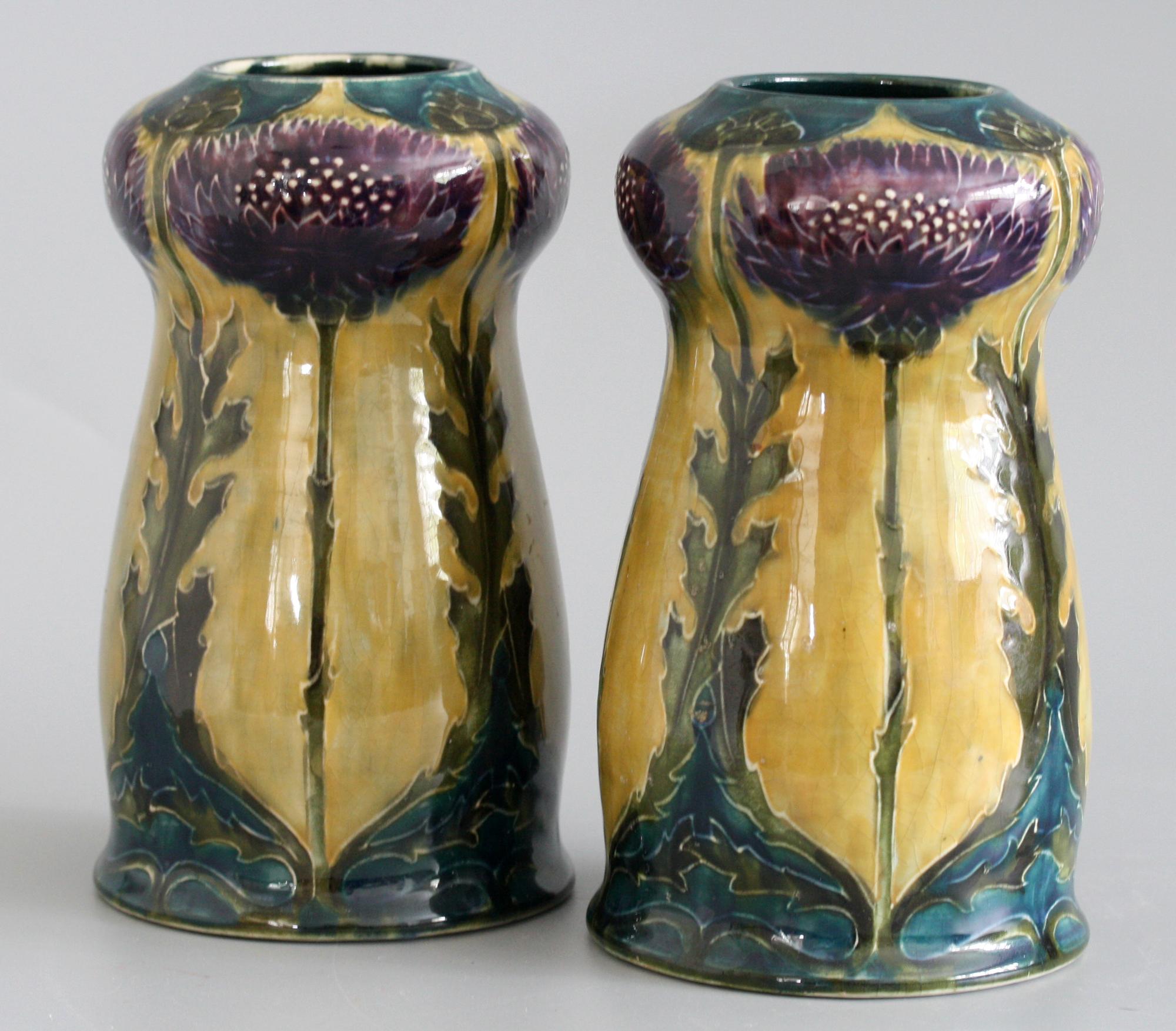 Early 20th Century George Cartlidge Pair Hancock Morris Ware Art Deco Pottery Vases with Thistles