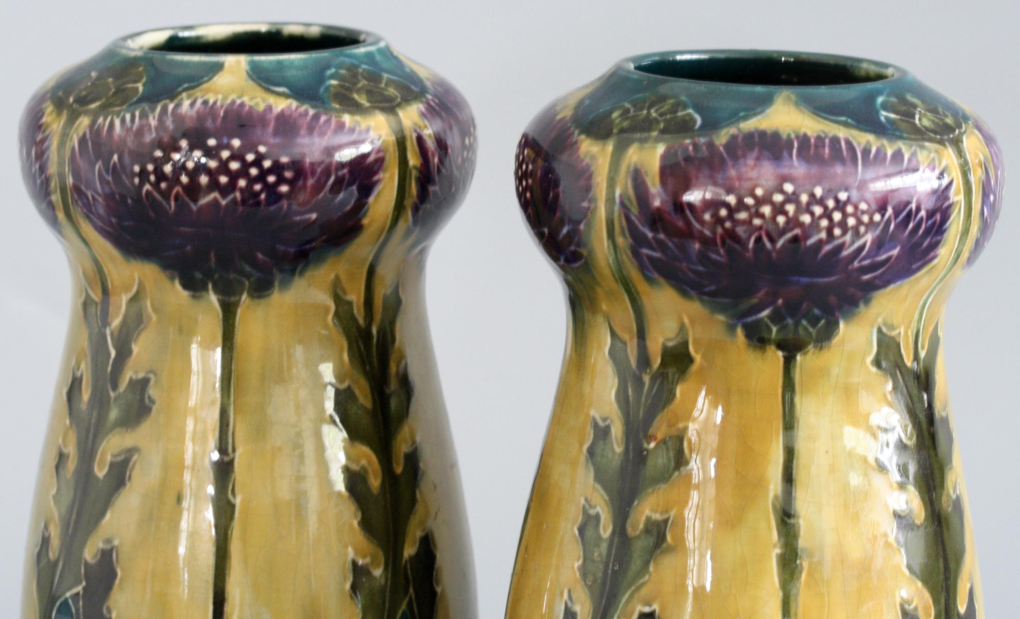 George Cartlidge Pair Hancock Morris Ware Art Deco Pottery Vases with Thistles 1