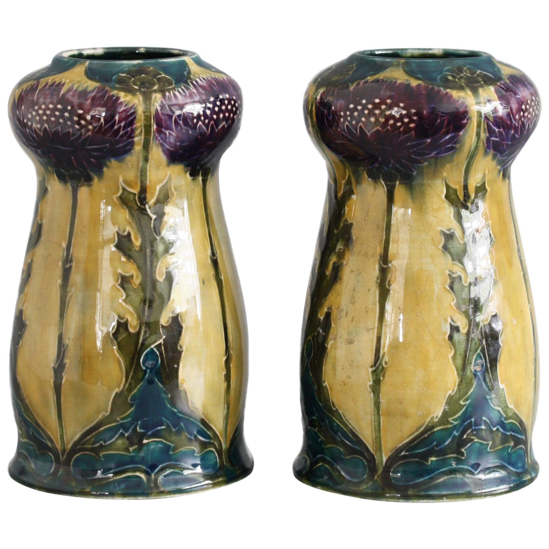 George Cartlidge Pair Hancock Morris Ware Art Deco Pottery Vases with Thistles