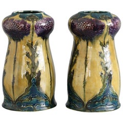 George Cartlidge Pair Hancock Morris Ware Art Deco Pottery Vases with Thistles