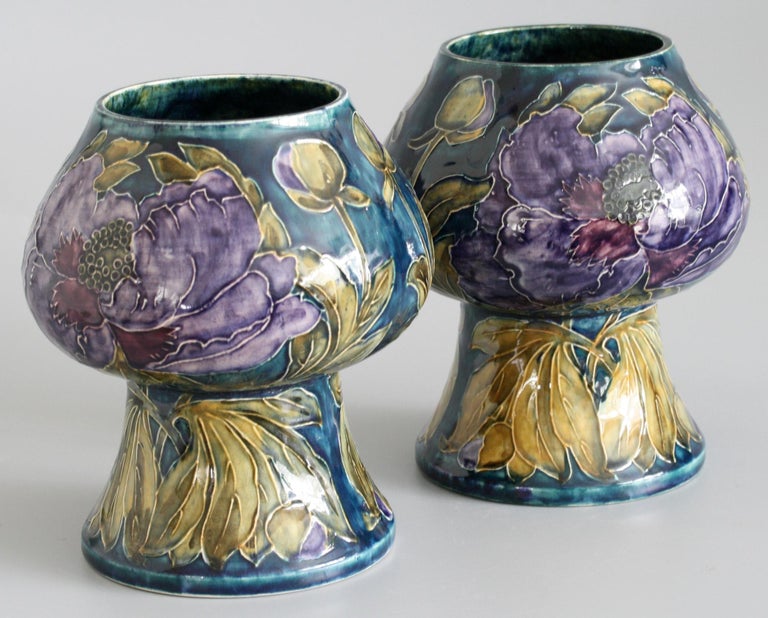 George Cartlidge Pair of Hancock Morris Ware Art Deco Vases Painted with Poppies For Sale 5