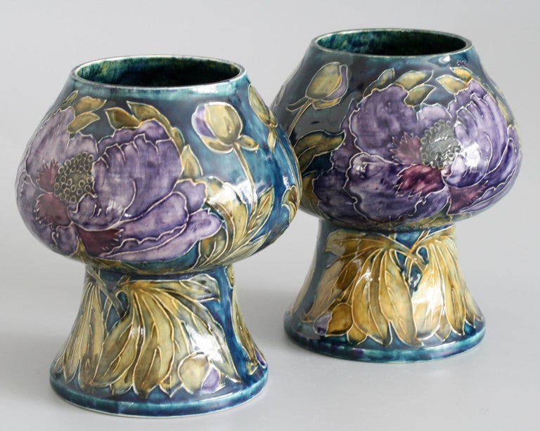 George Cartlidge Pair of Hancock Morris Ware Art Deco Vases Painted with Poppies For Sale 6