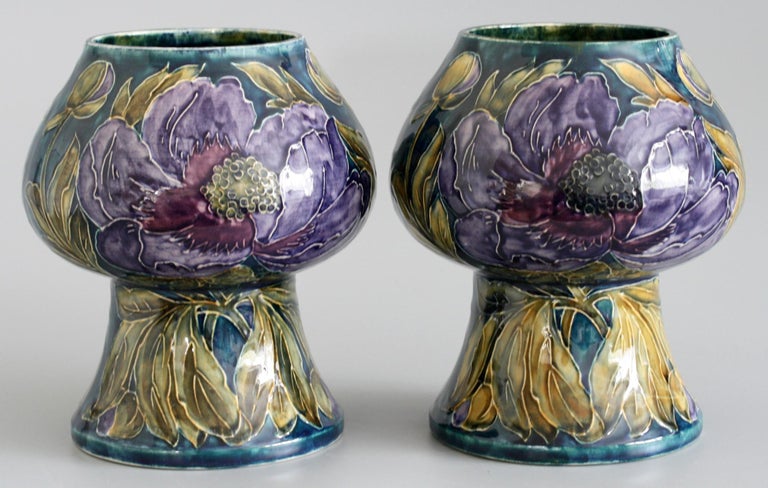 George Cartlidge Pair of Hancock Morris Ware Art Deco Vases Painted with Poppies For Sale 7