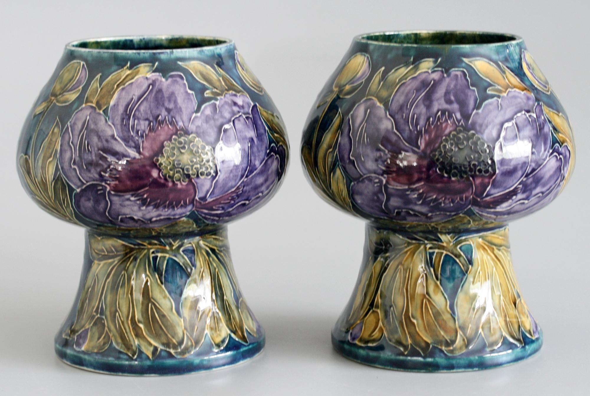 George Cartlidge Pair of Hancock Morris Ware Art Deco Vases Painted with Poppies For Sale 8