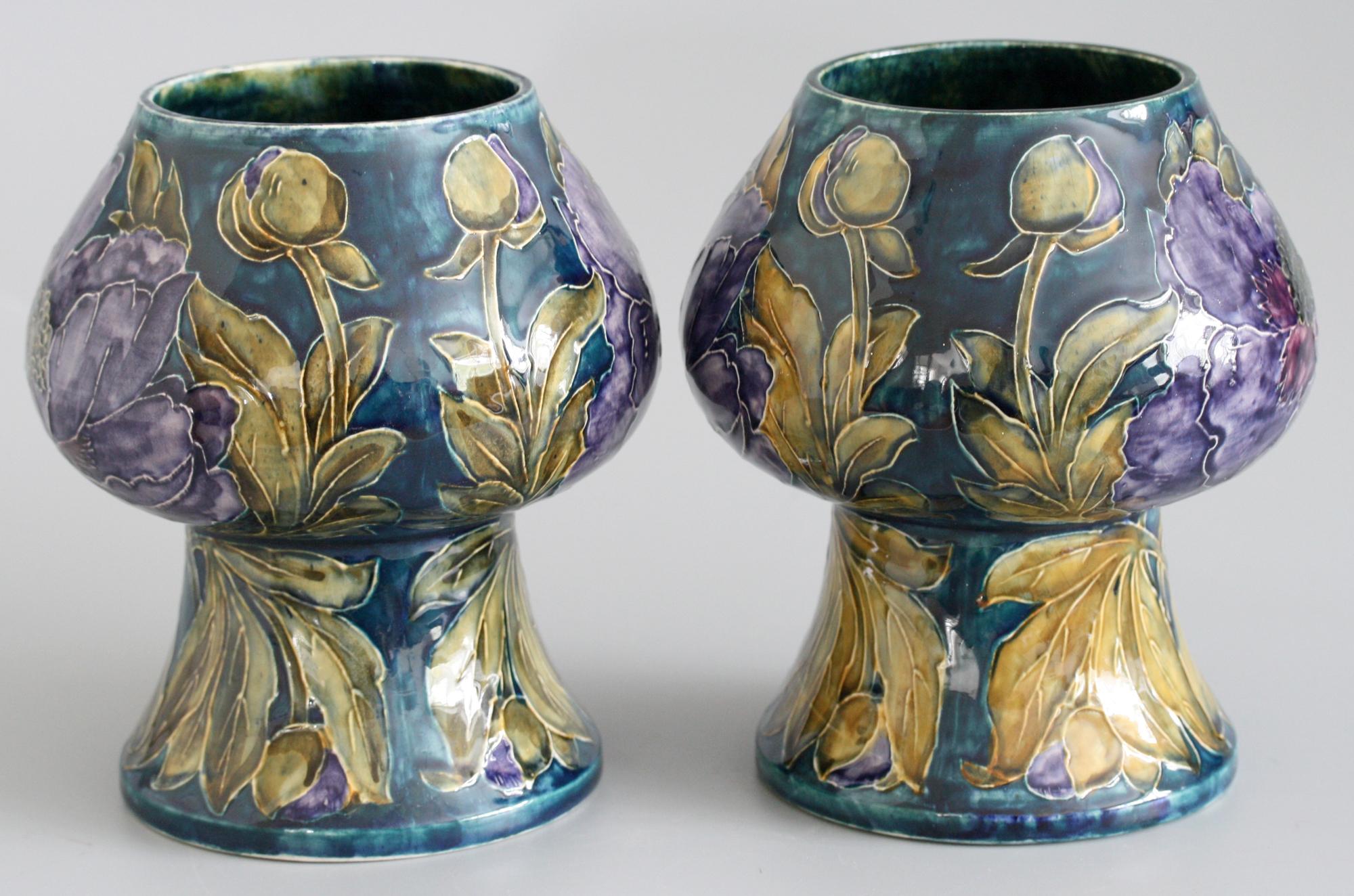 Paar George Cartlidge Hancock Morris Ware Art Deco Vasen mit Mohnblumen bemalt im Angebot 8