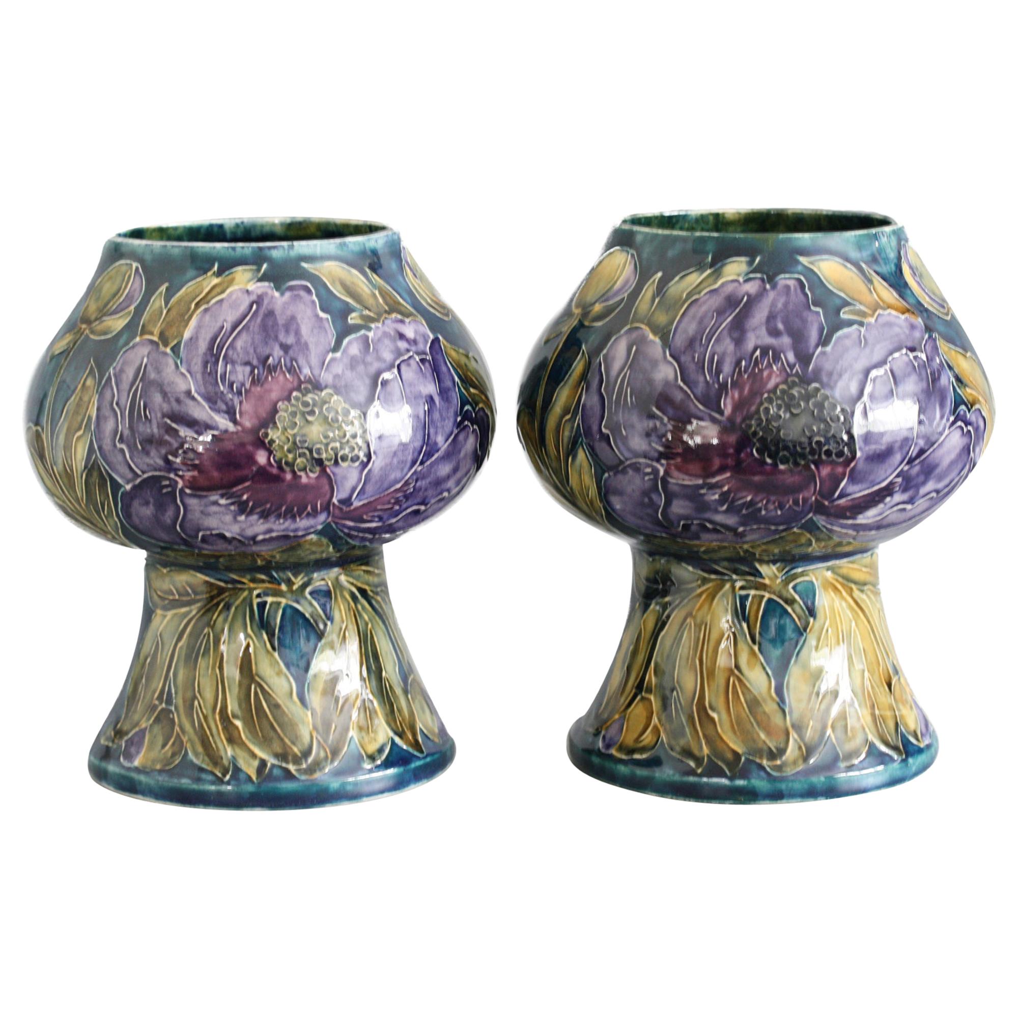 George Cartlidge Pair of Hancock Morris Ware Art Deco Vases Painted with Poppies