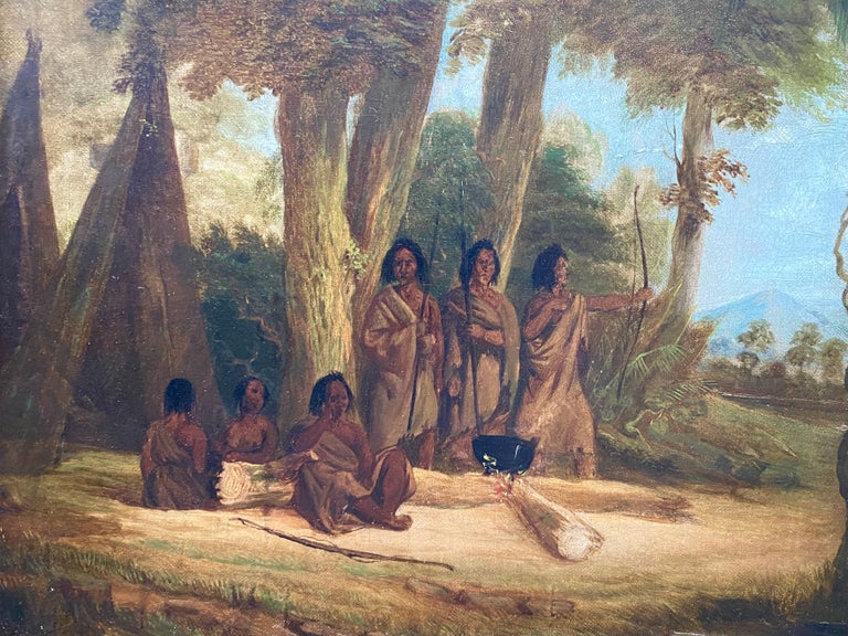 19th century painting of Native Americans - Historical Genre America Wigwam - Brown Landscape Painting by George Catlin