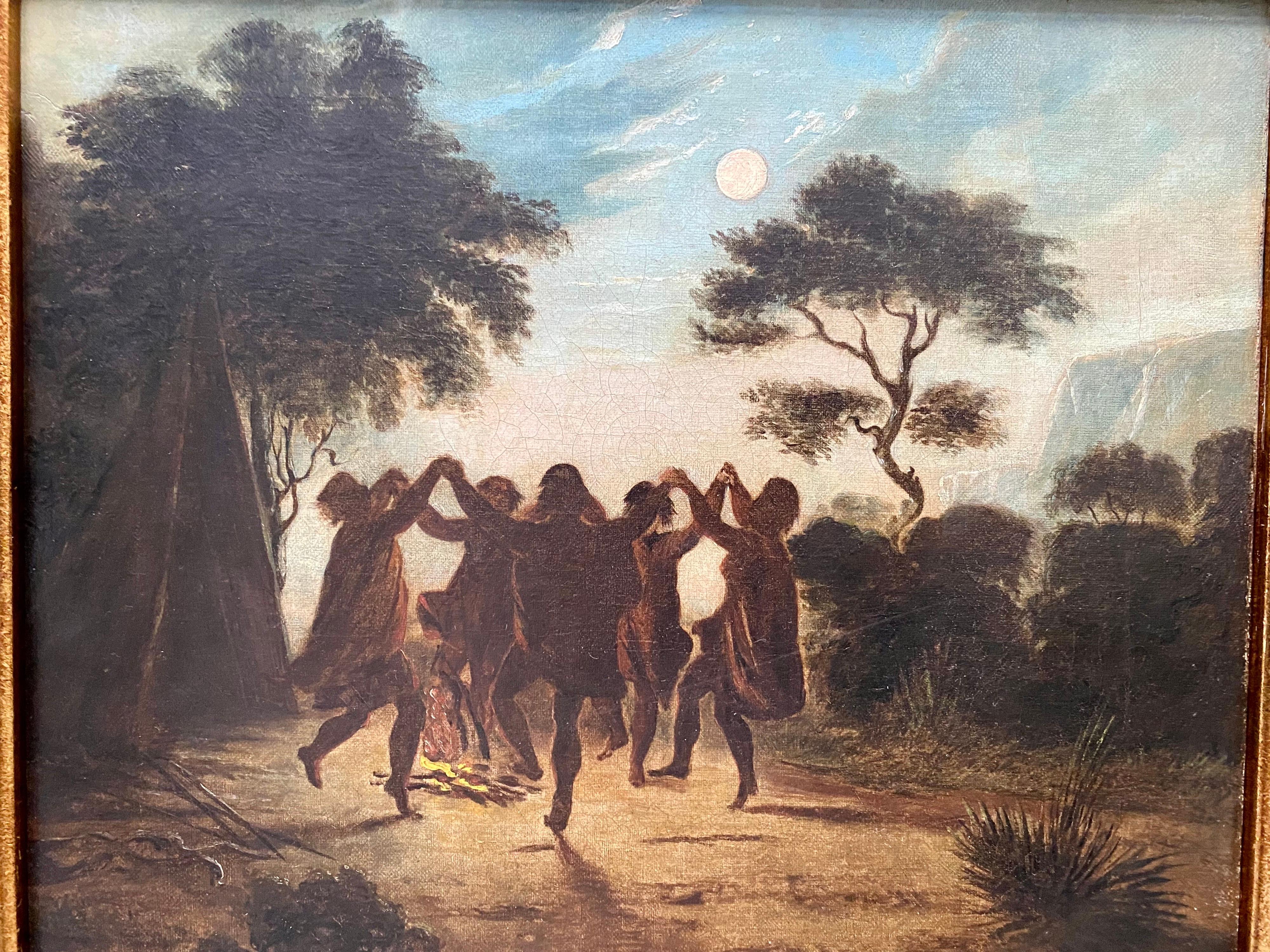 19th century painting of Native Americans - Historical Genre America Wigwam Moon - Painting by George Catlin