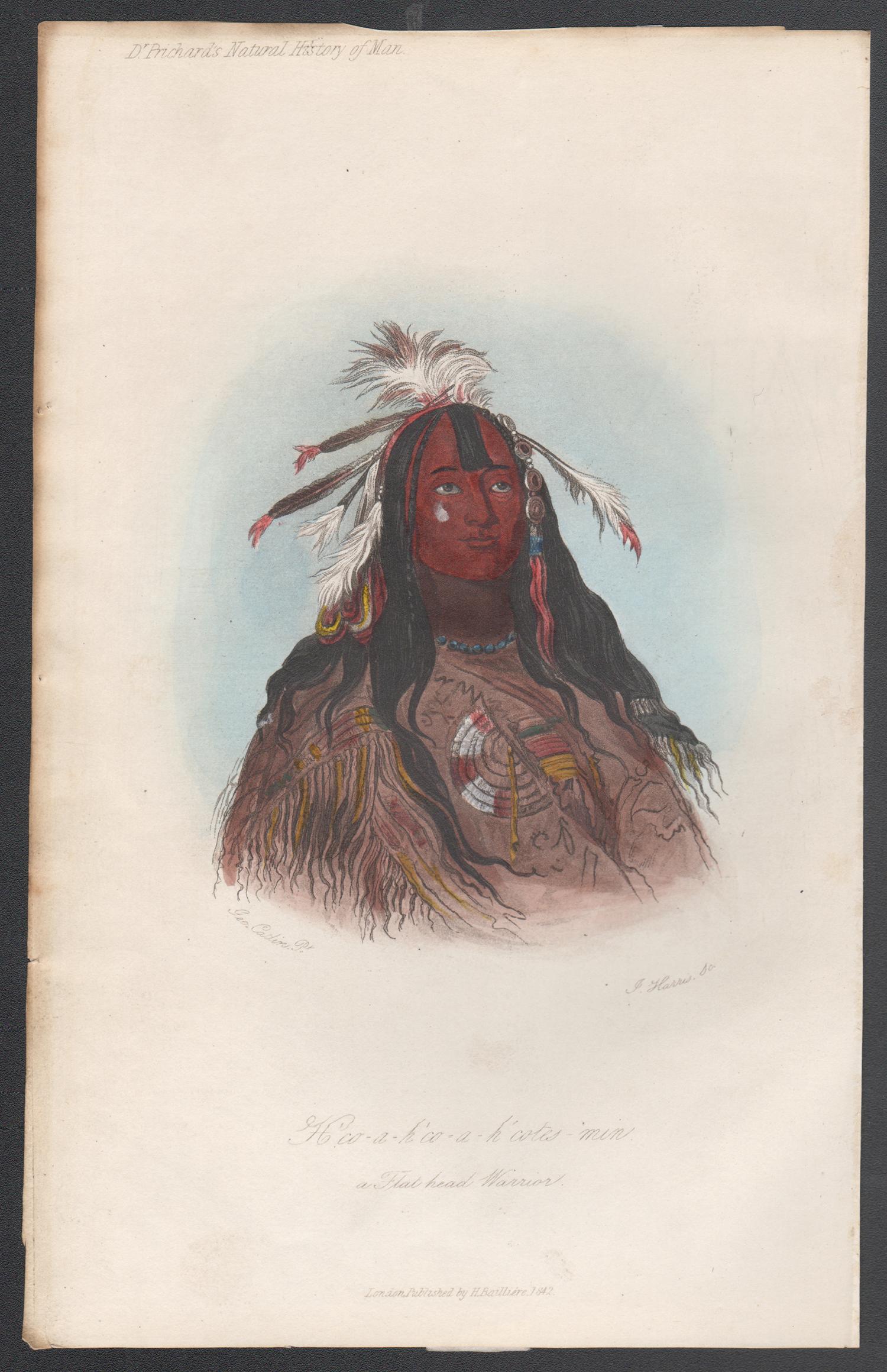 H'co-a-h'co-a-cotes-min - A Flat Head Warrior Native American portrait engraving - Print by George Catlin