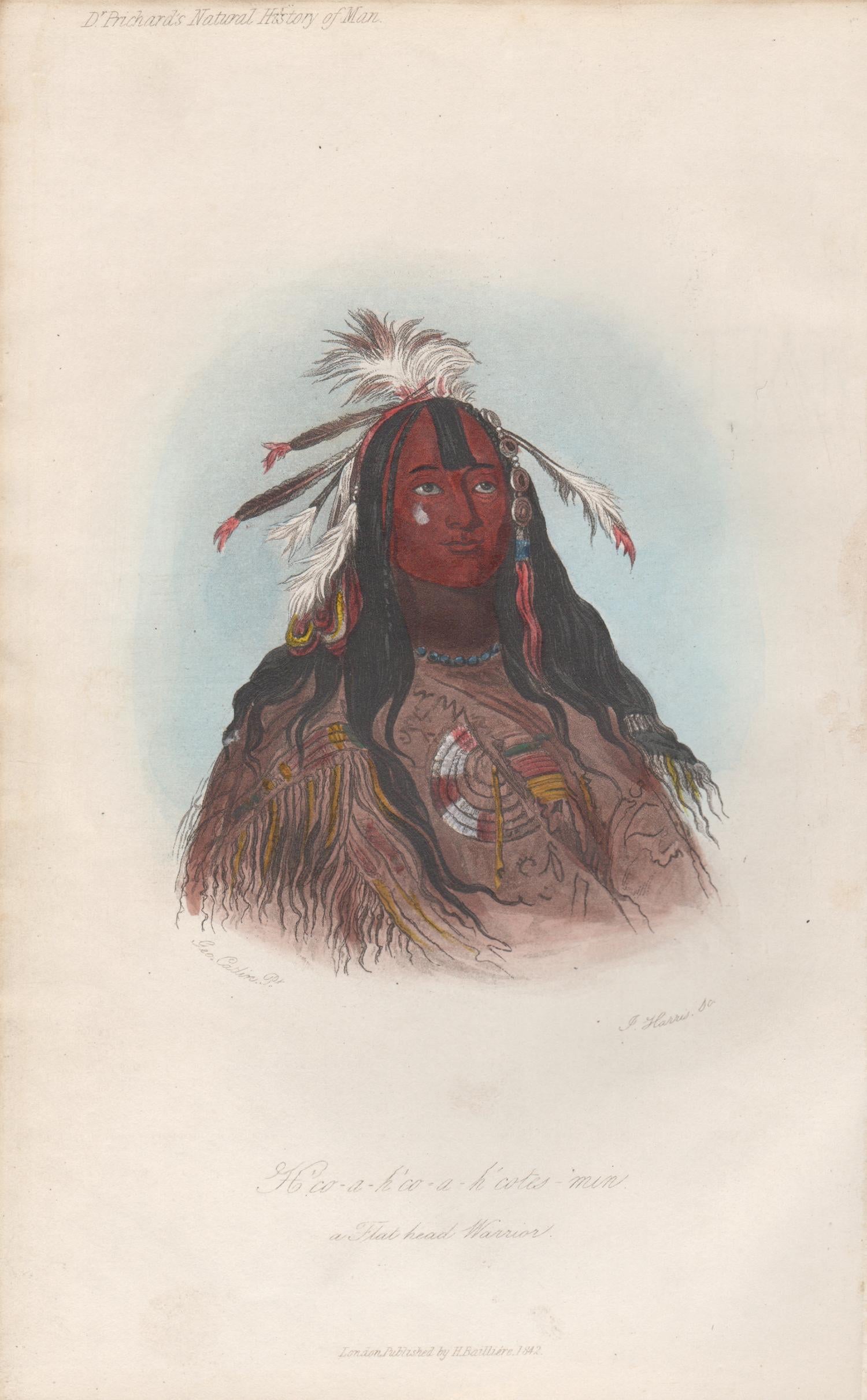 George Catlin Portrait Print - H'co-a-h'co-a-cotes-min - A Flat Head Warrior Native American portrait engraving