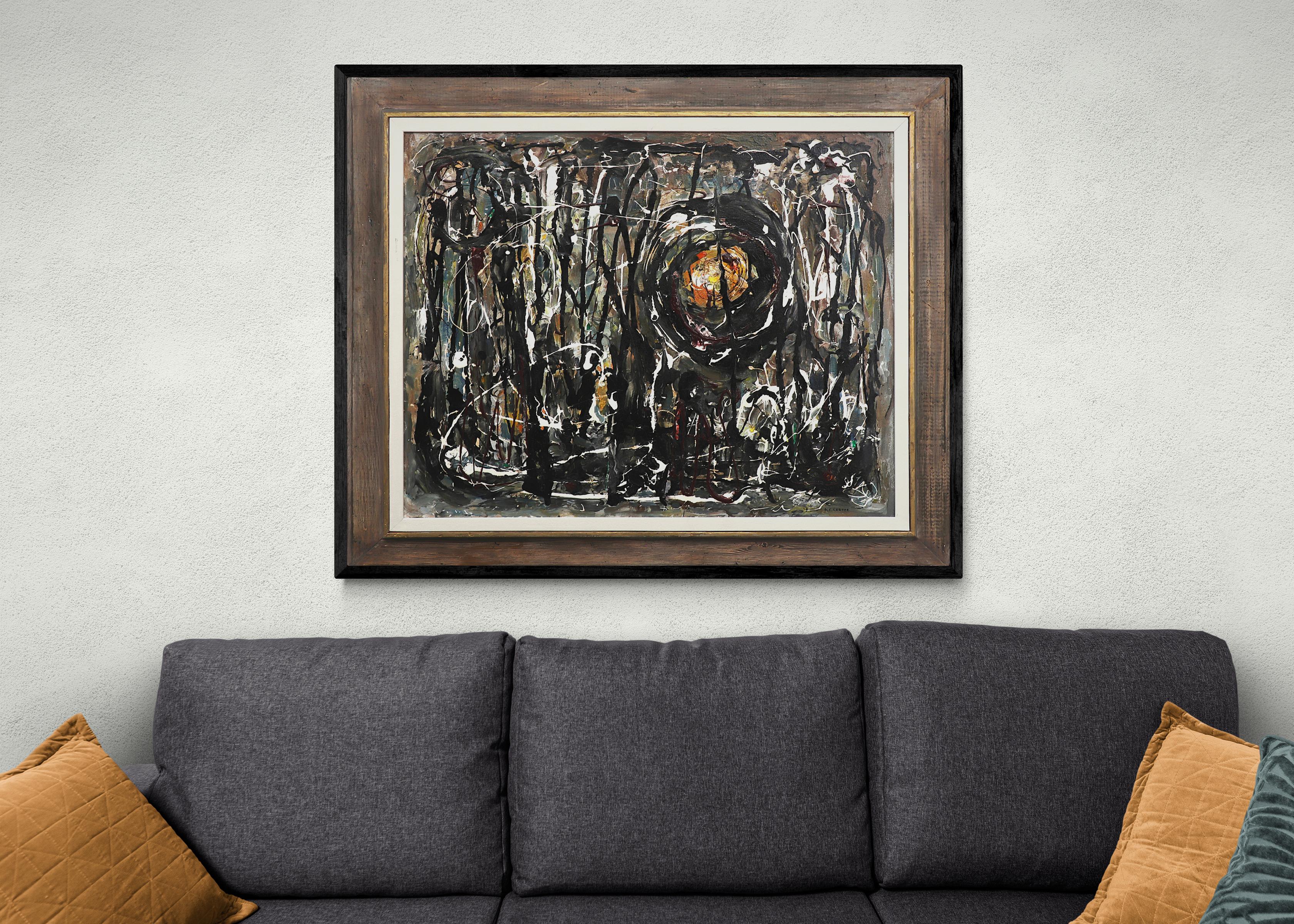 Warlock, 1950s Signed Abstract Oil Painting, Black, White, Gray, Orange, Purple For Sale 6
