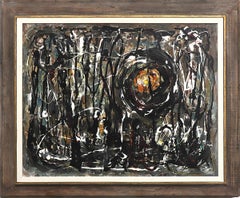 Warlock, peinture  l'huile abstraite des annes 1950 signe, noir, blanc, gris, orange