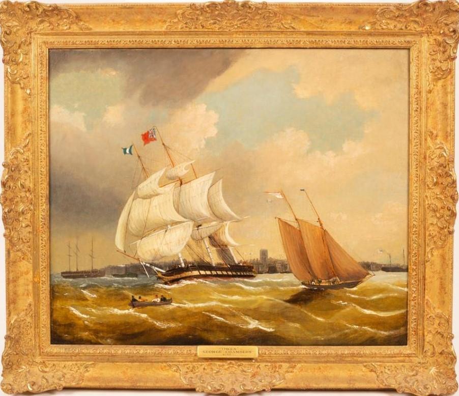 George Chambers Landscape Painting - Sailing off Cowes Fine 1820's English Marine Oil Painting Shipping in Choppy Sea