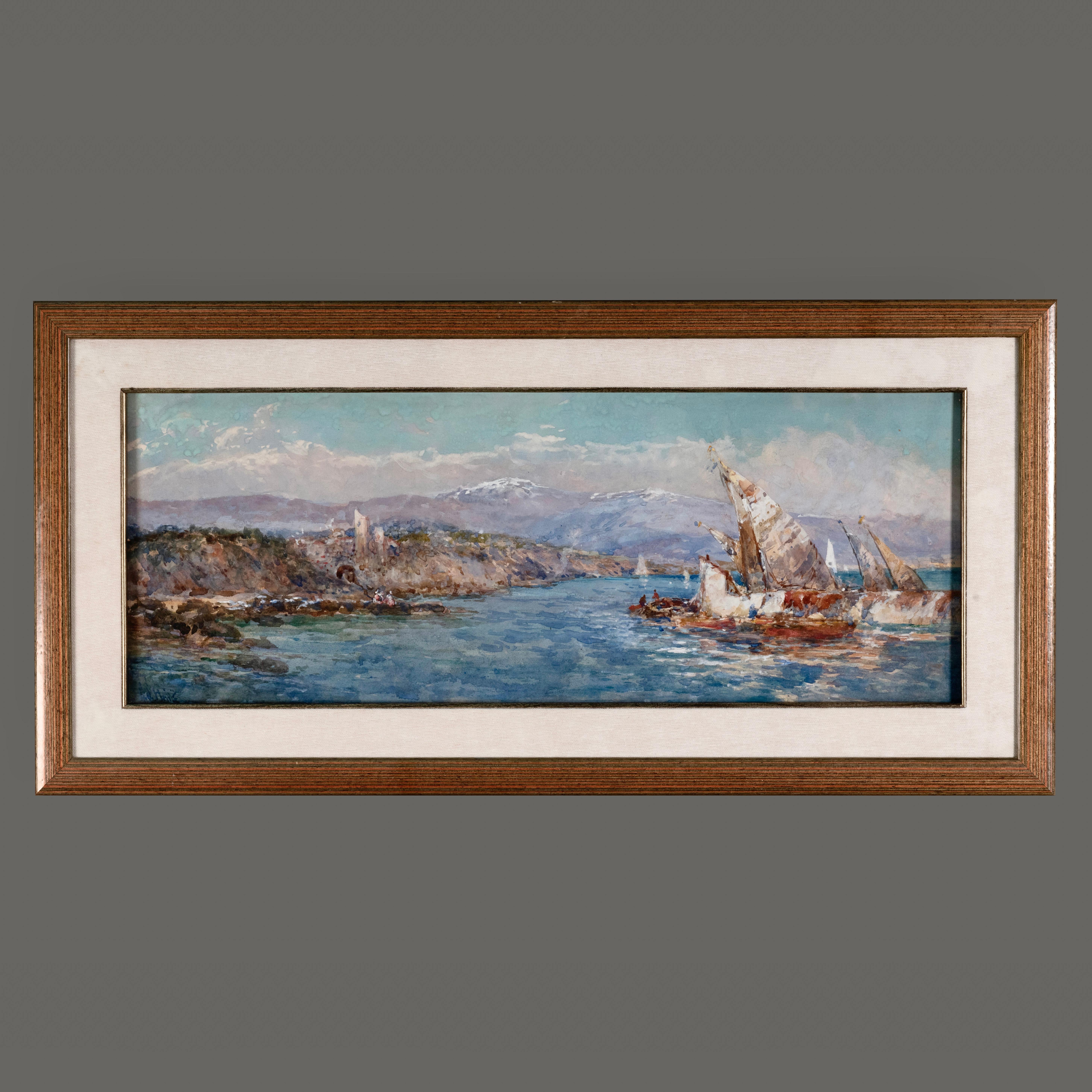 Important watercolor painting representing a beautiful landscape with sailboats in front of a rocky coastline 

Dimensions without frame 
cm 58 x 21.5
George Charles Haité (8 June 1855 – 31 March 1924) was an English designer, painter, illustrator