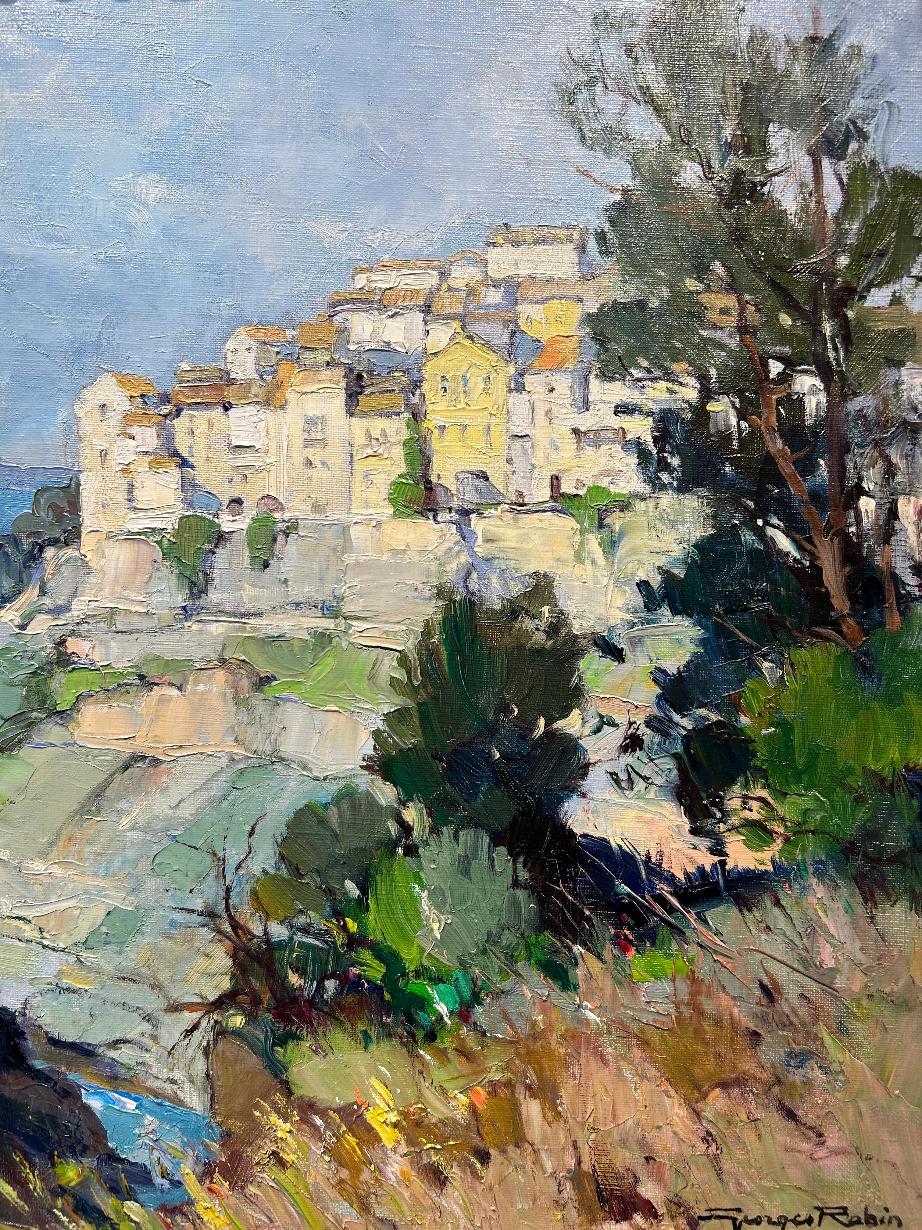 Les Gorges du Loup et Village de Tourette, peinture de paysage de France - Post-impressionnisme Painting par George Charles Robin