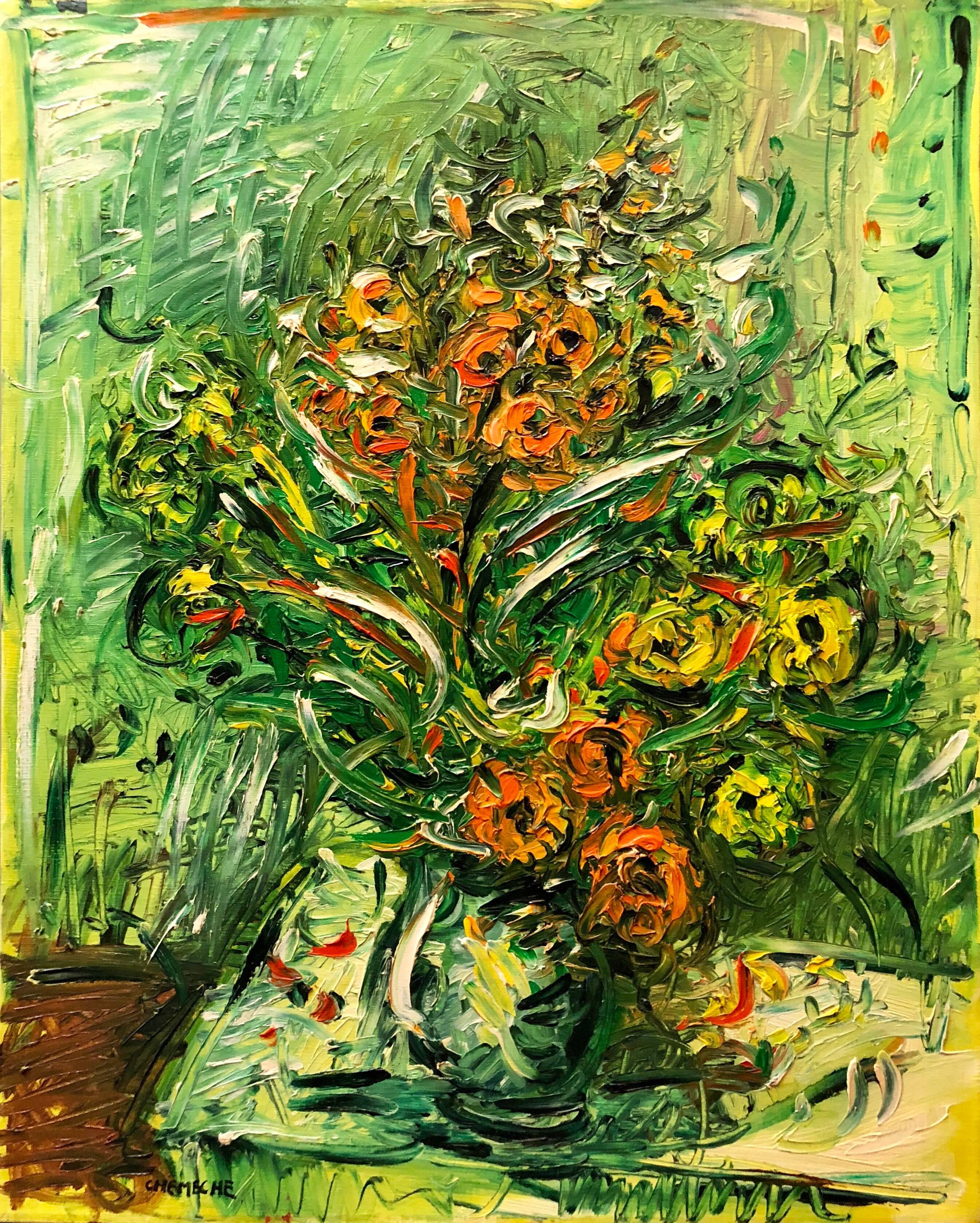 Expressionist French Israeli Floral Painting Chelsea Hotel Modernist  - Brown Still-Life Painting by George Chemeche