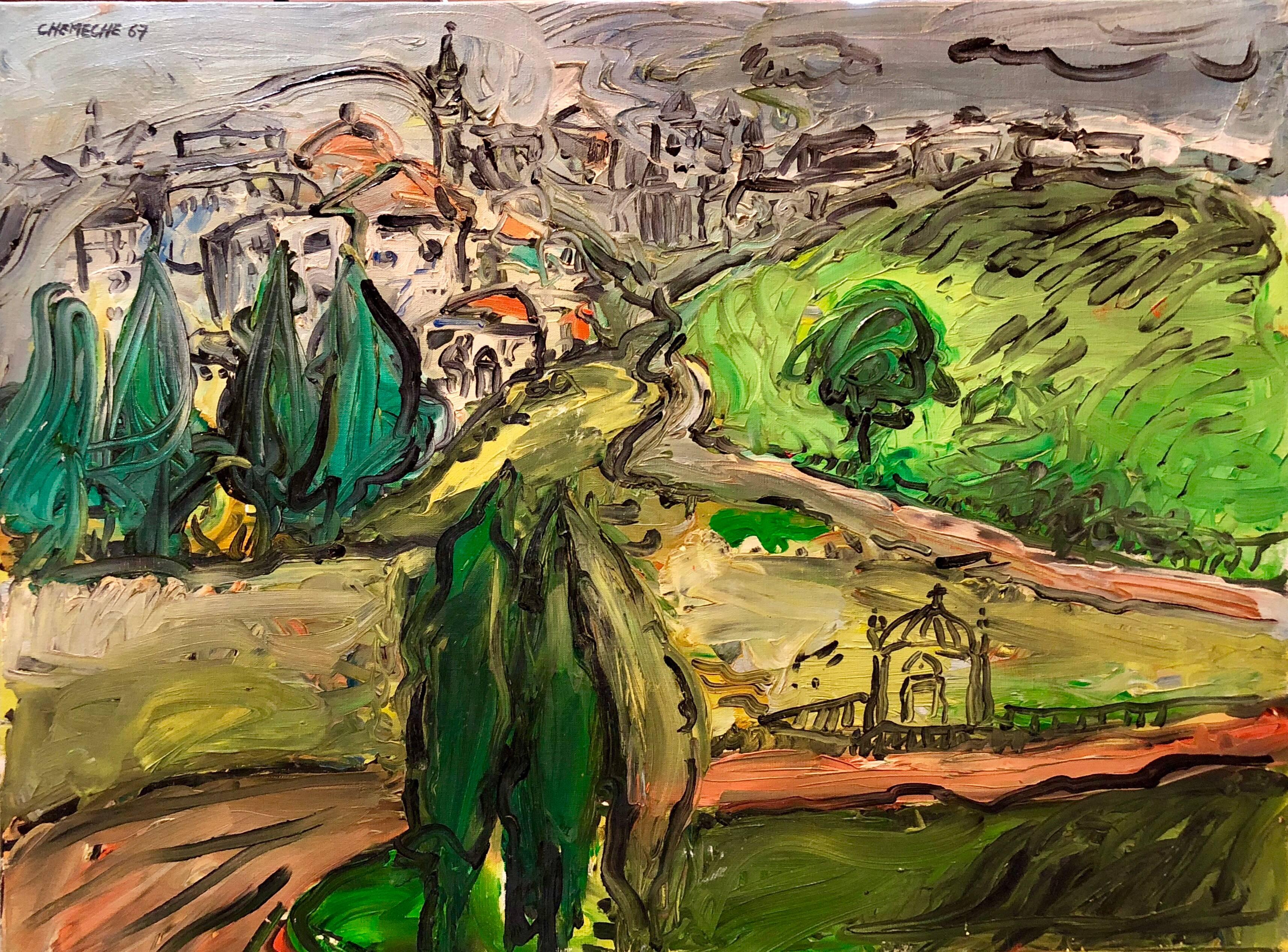 George Chemeche Figurative Painting - Expressionist French Israeli Old City Jerusalem Modernist Landscape Oil Painting