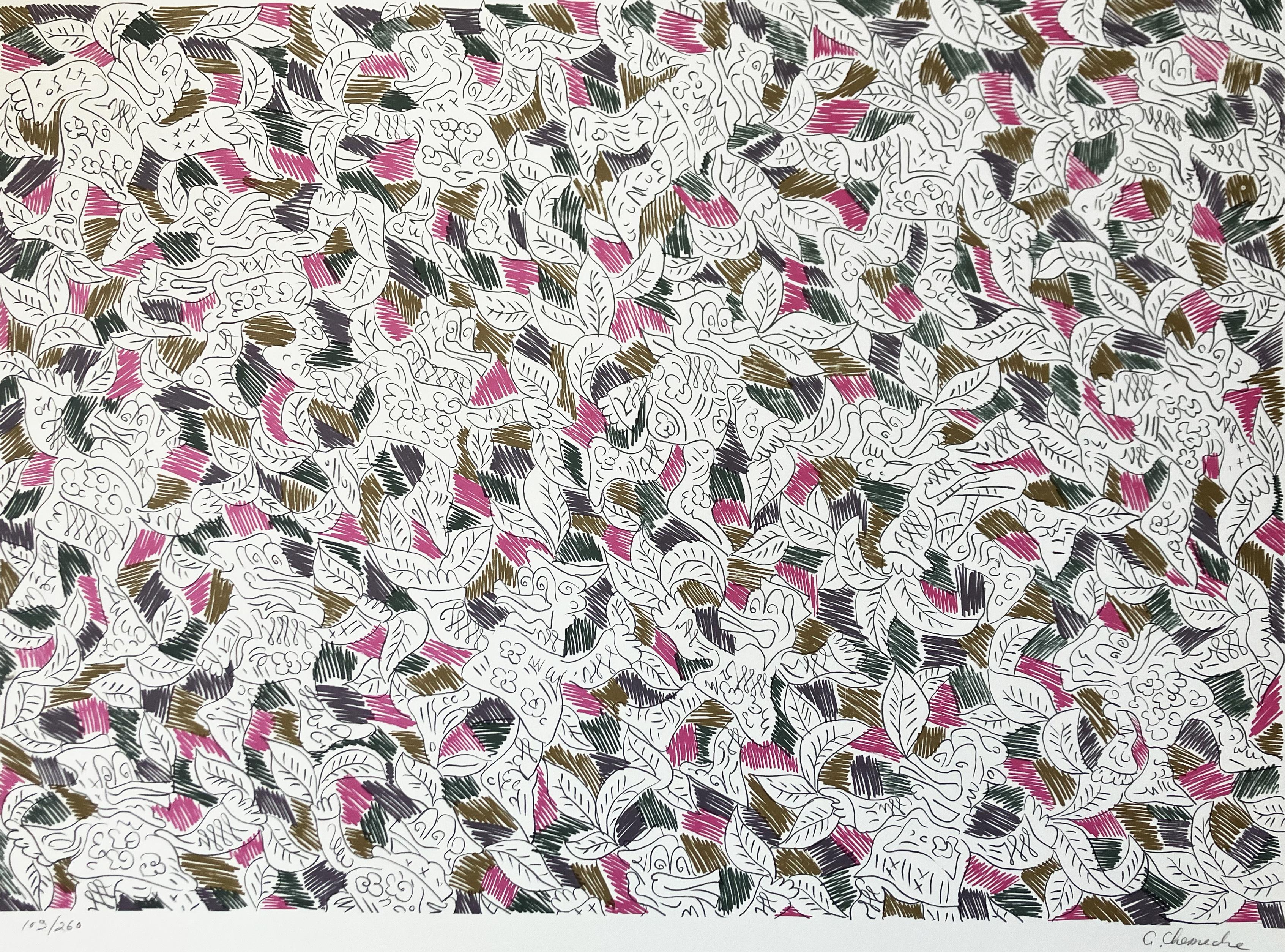 Canards dansant en magenta, vert forêt, marron, gris ardoise - Print de George Chemeche
