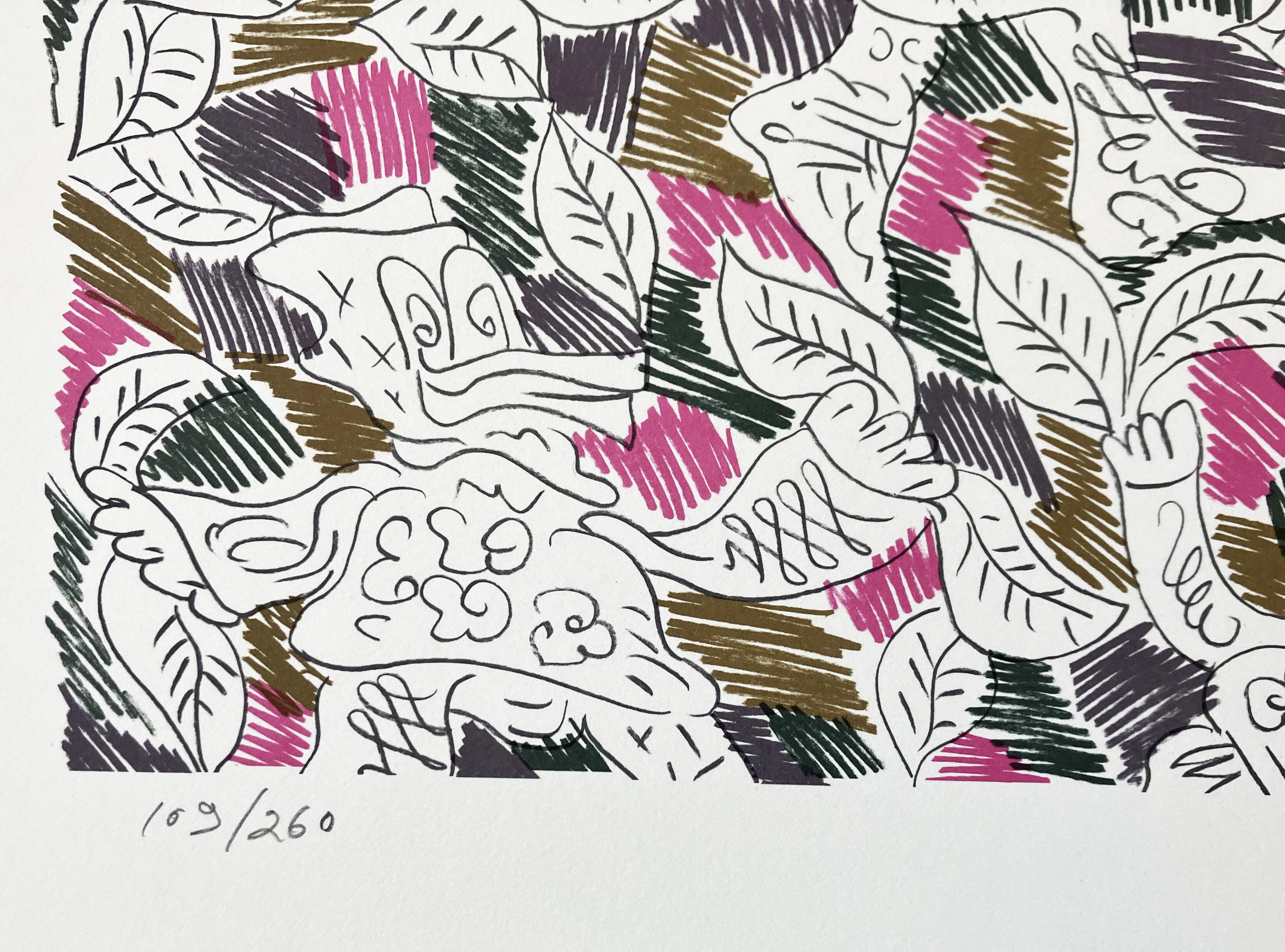 Canards dansant en magenta, vert forêt, marron, gris ardoise - Autres styles artistiques Print par George Chemeche