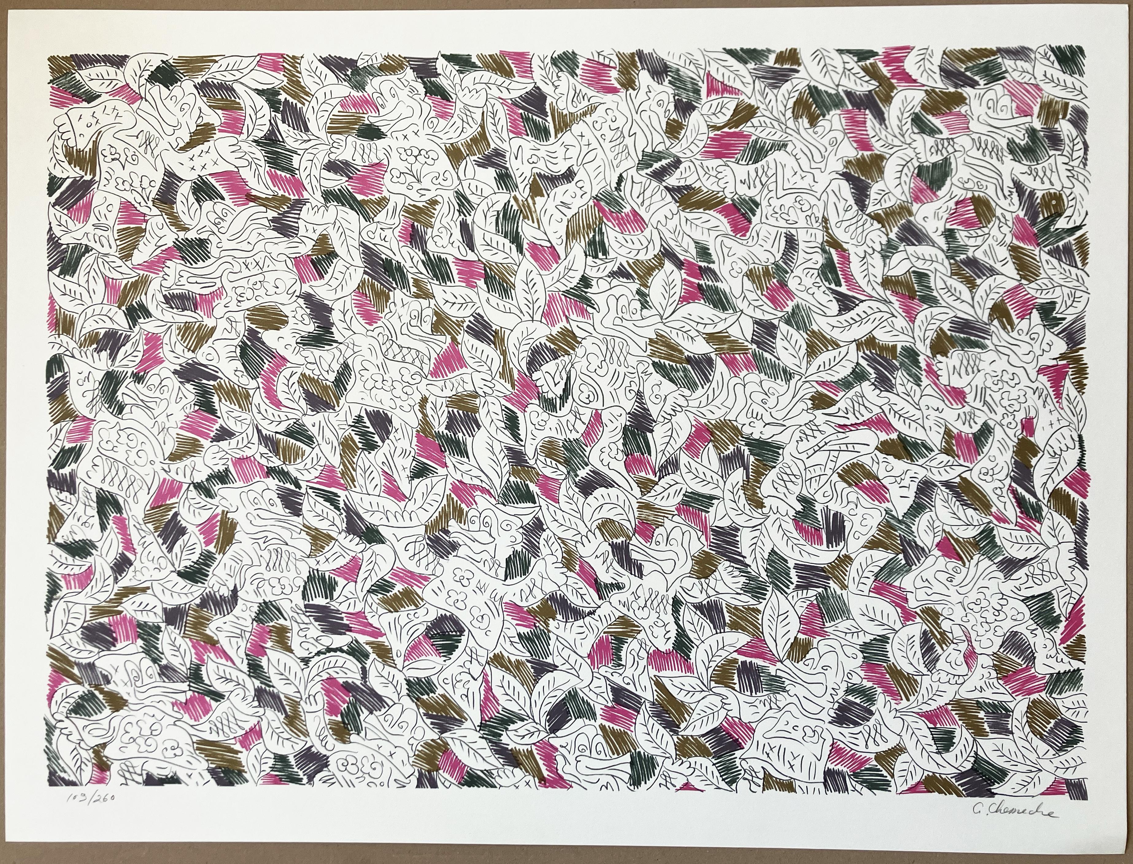 George Chemeche Figurative Print - Dancing Ducks in Magenta, Forest Green, Brown, Slate Gray