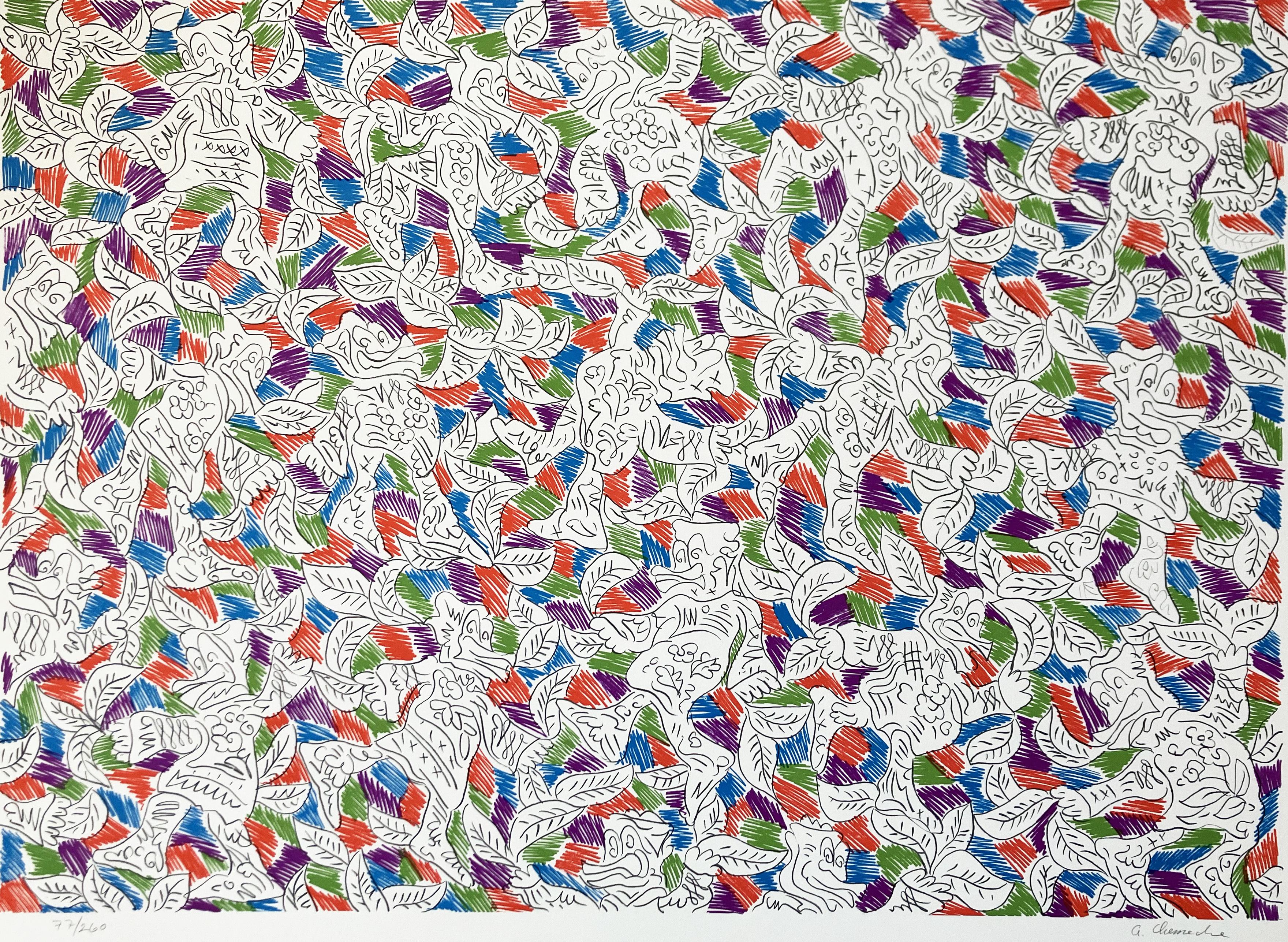 Dancing Ducks in Red, Green, Blue, Purple - Print by George Chemeche