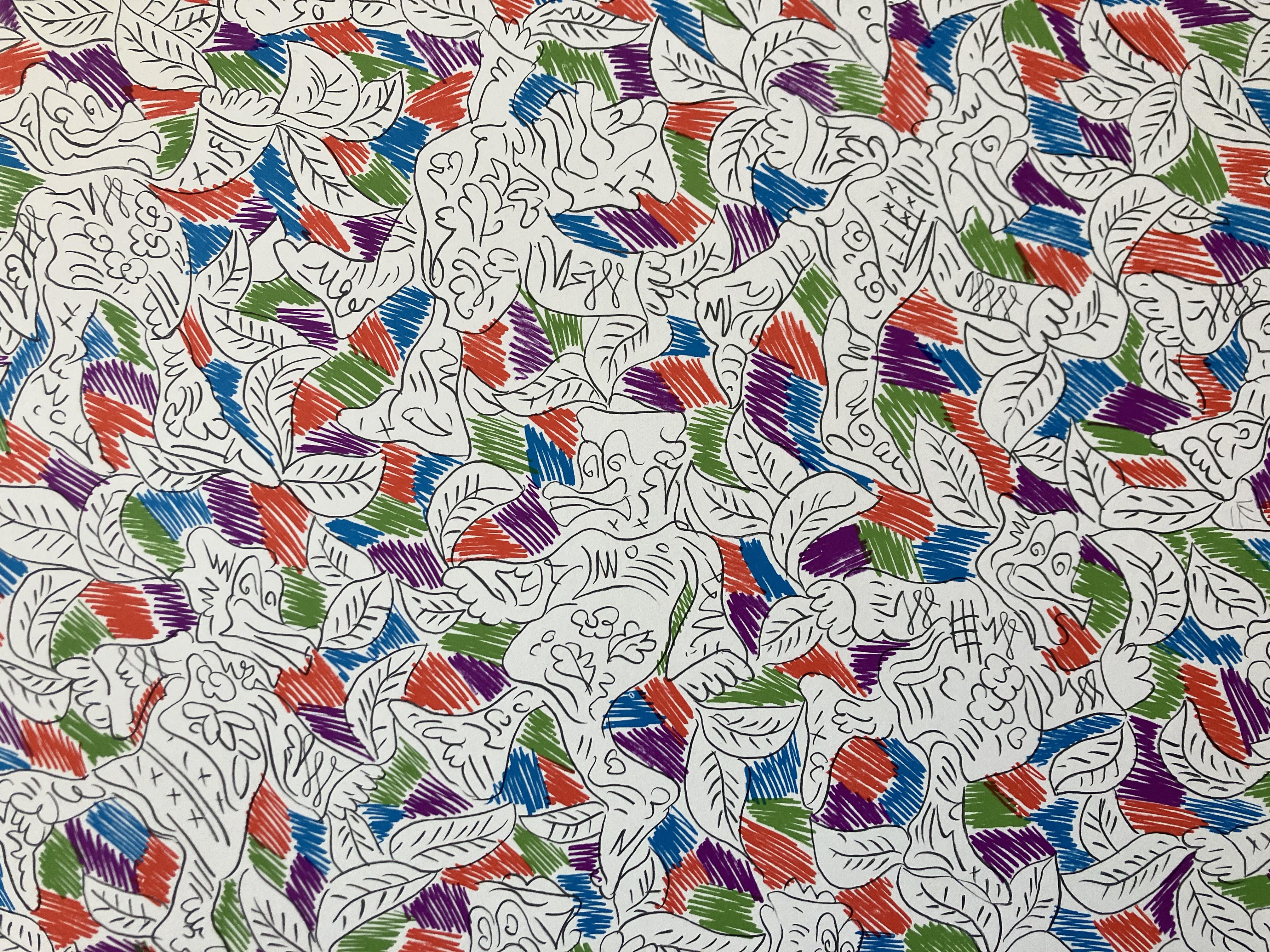 Dancing Ducks in Red, Green, Blue, Purple - Gray Figurative Print by George Chemeche