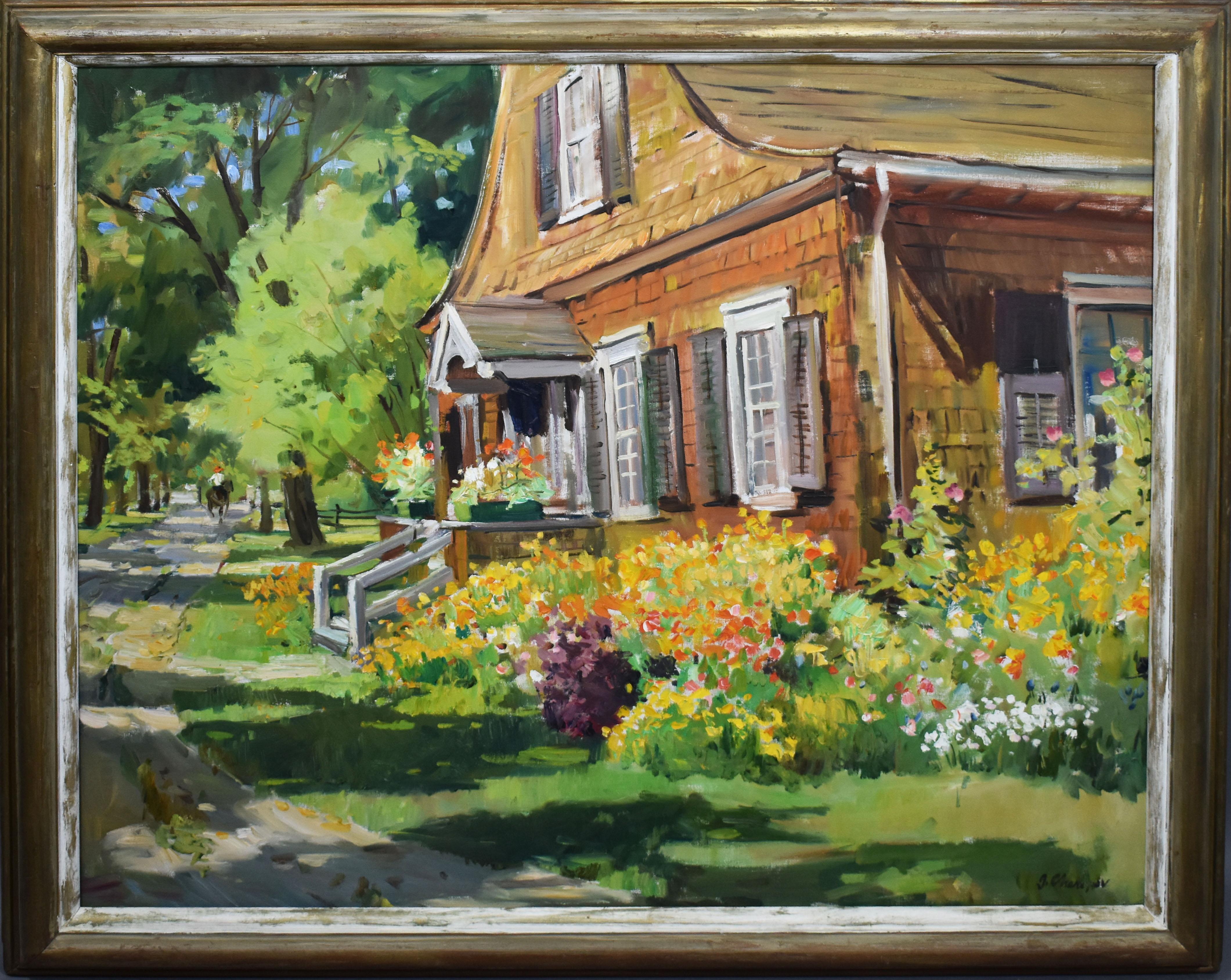 George Cherepov Landscape Painting - Large Impressionist New England Wild Flower Garden Landscape Oil Painting 