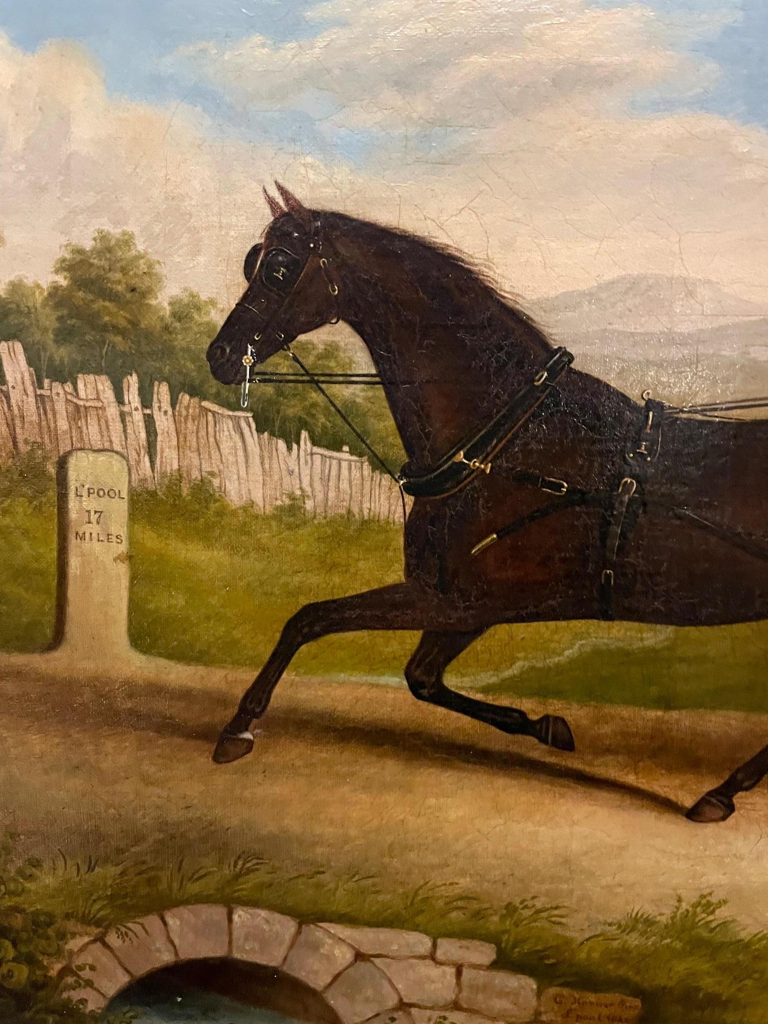 Pferd und Sulky in Anlehnung an Currier und Ives von George Christopher Horner (1821-1881), britischer Künstler, importiert von Saltire Gallerie.  Das Gemälde ist signiert und datiert 1846 und trägt den Titel Sulky on the Road, 17 miles from