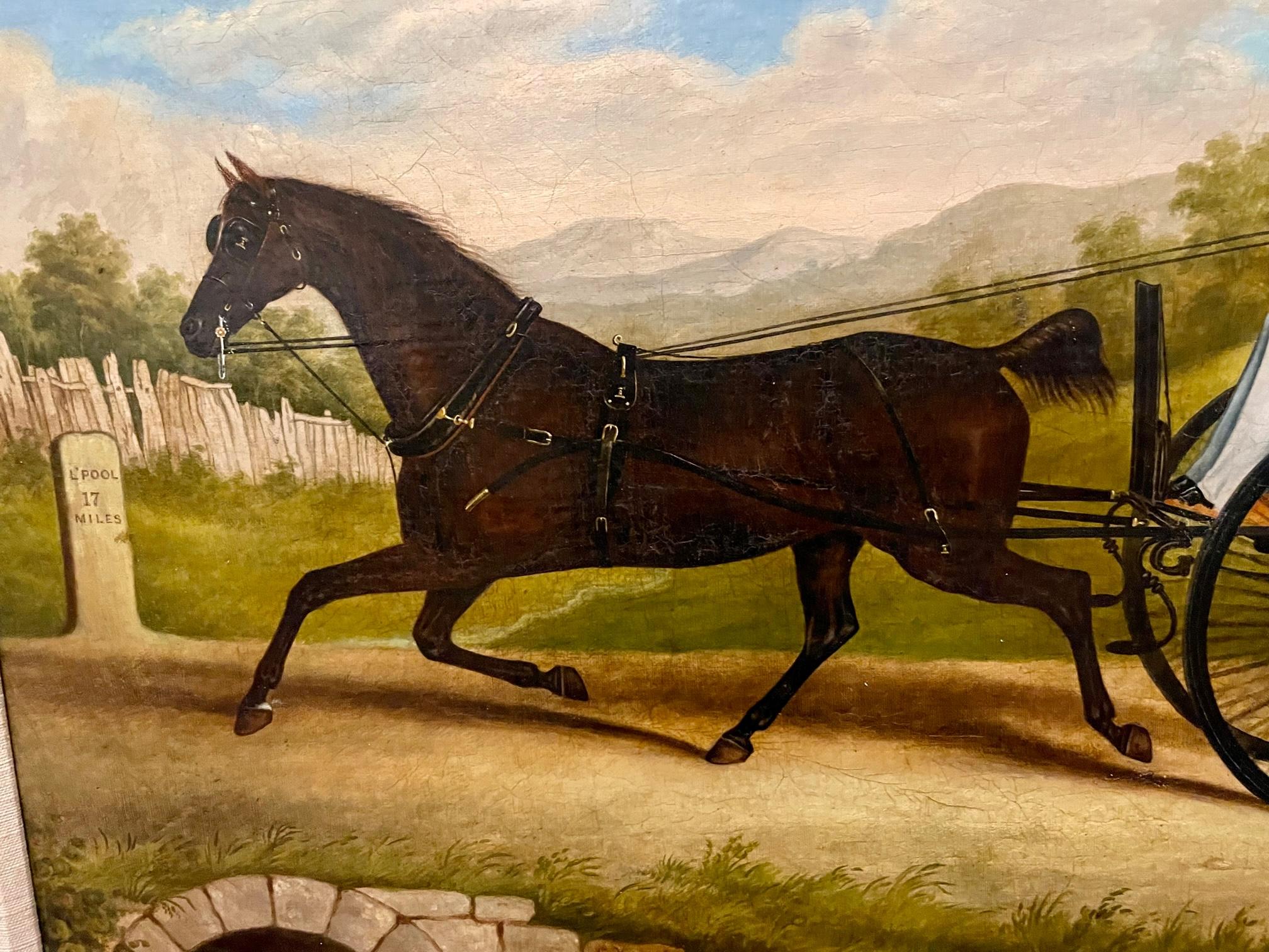 Horse and Sulky reminiscent of Currier and Ives by George Christopher Horner (1821-1881), British artist, imported by Saltire Gallerie.  Signed and dated 1846, the painting is titled Sulky on the Road, 17 miles from Liverpool.  Bridle and harness